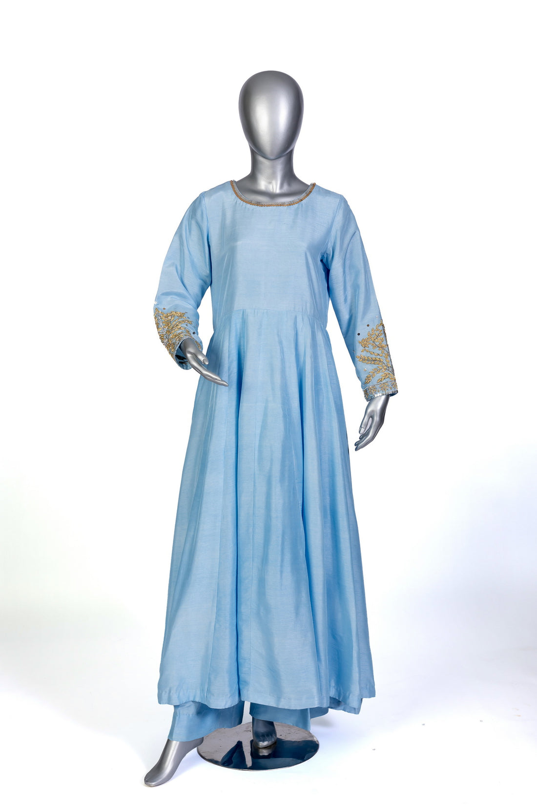 Hafsa sky blue silk Anarkali with hand embroidery, straight pants, and organza dupatta for weddings, evening parties, and formal occasions by MariamRaj