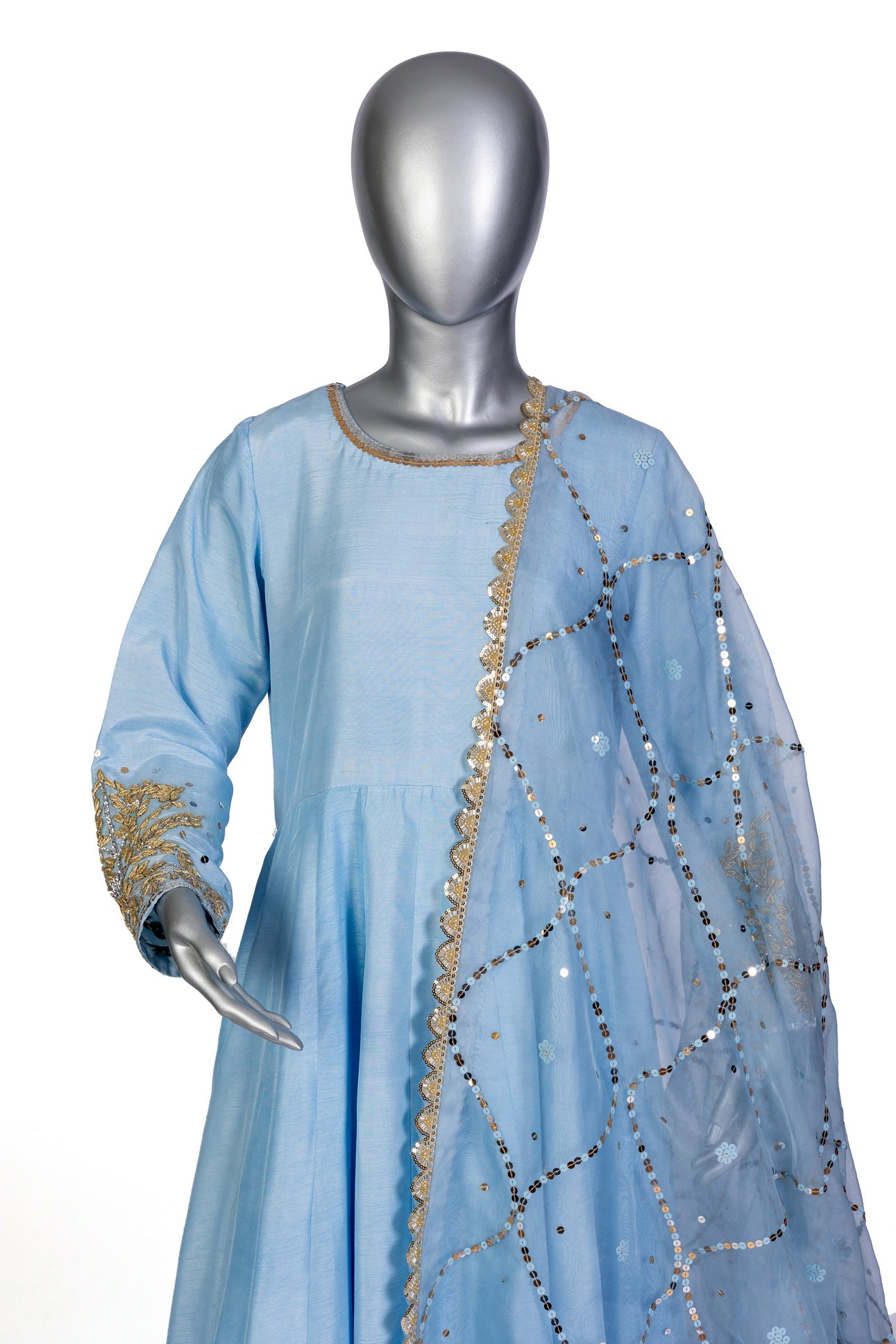 Hafsa sky blue silk Anarkali with hand embroidery, straight pants, and organza dupatta for weddings, evening parties, and formal occasions by MariamRaj