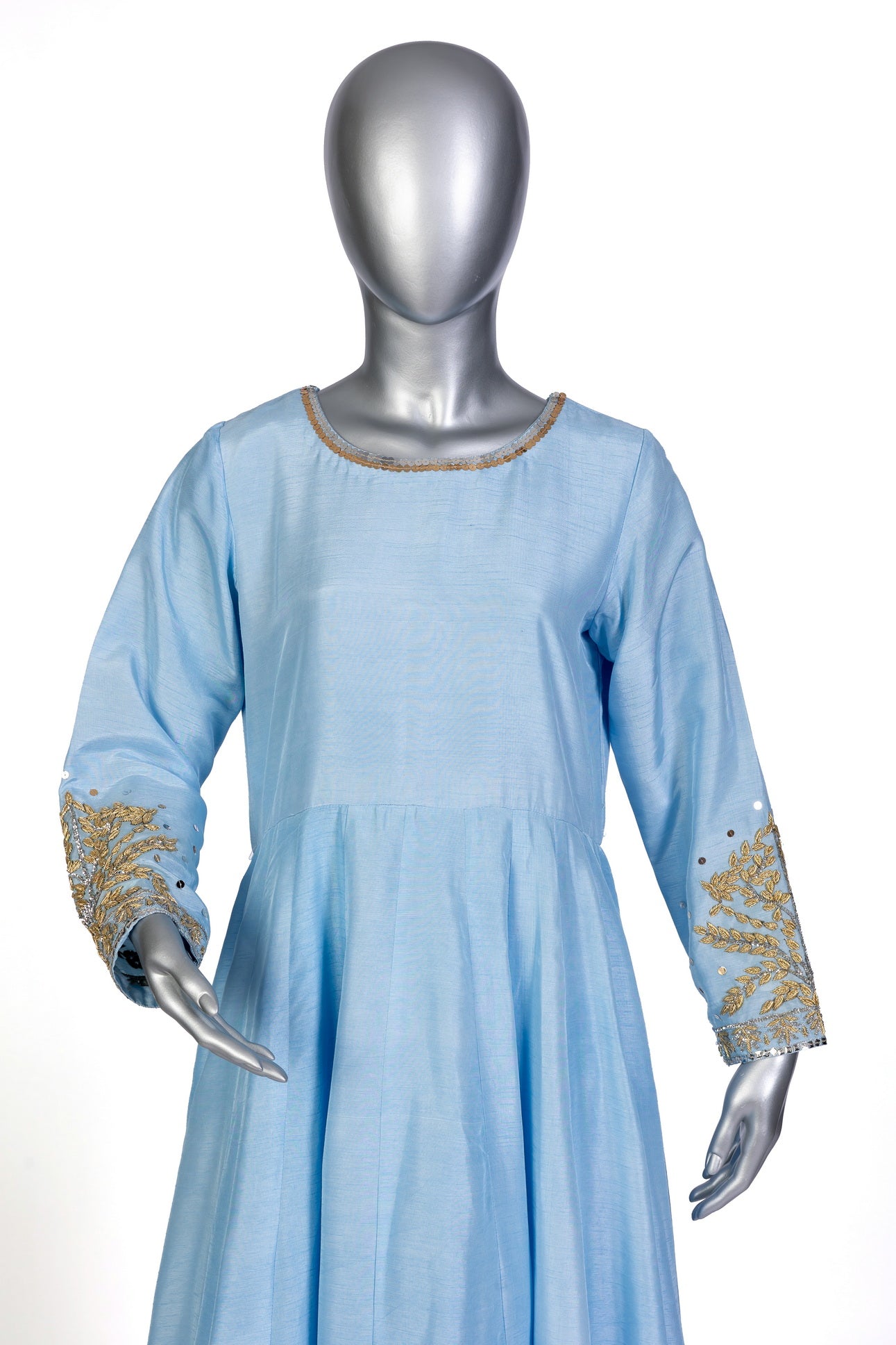 Hafsa sky blue silk Anarkali with hand embroidery, straight pants, and organza dupatta for weddings, evening parties, and formal occasions by MariamRaj