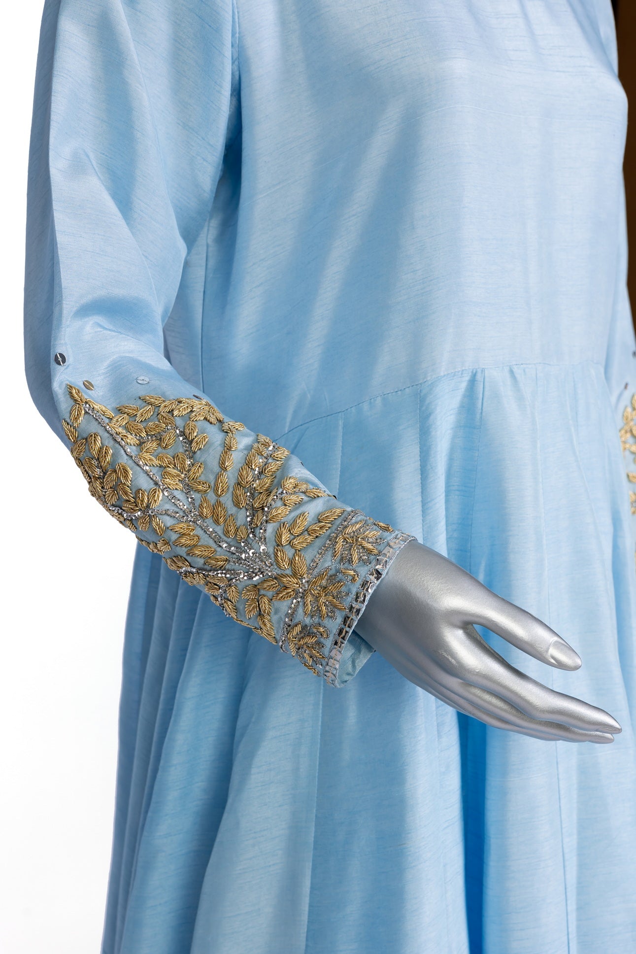 Hafsa sky blue silk Anarkali with hand embroidery, straight pants, and organza dupatta for weddings, evening parties, and formal occasions by MariamRaj