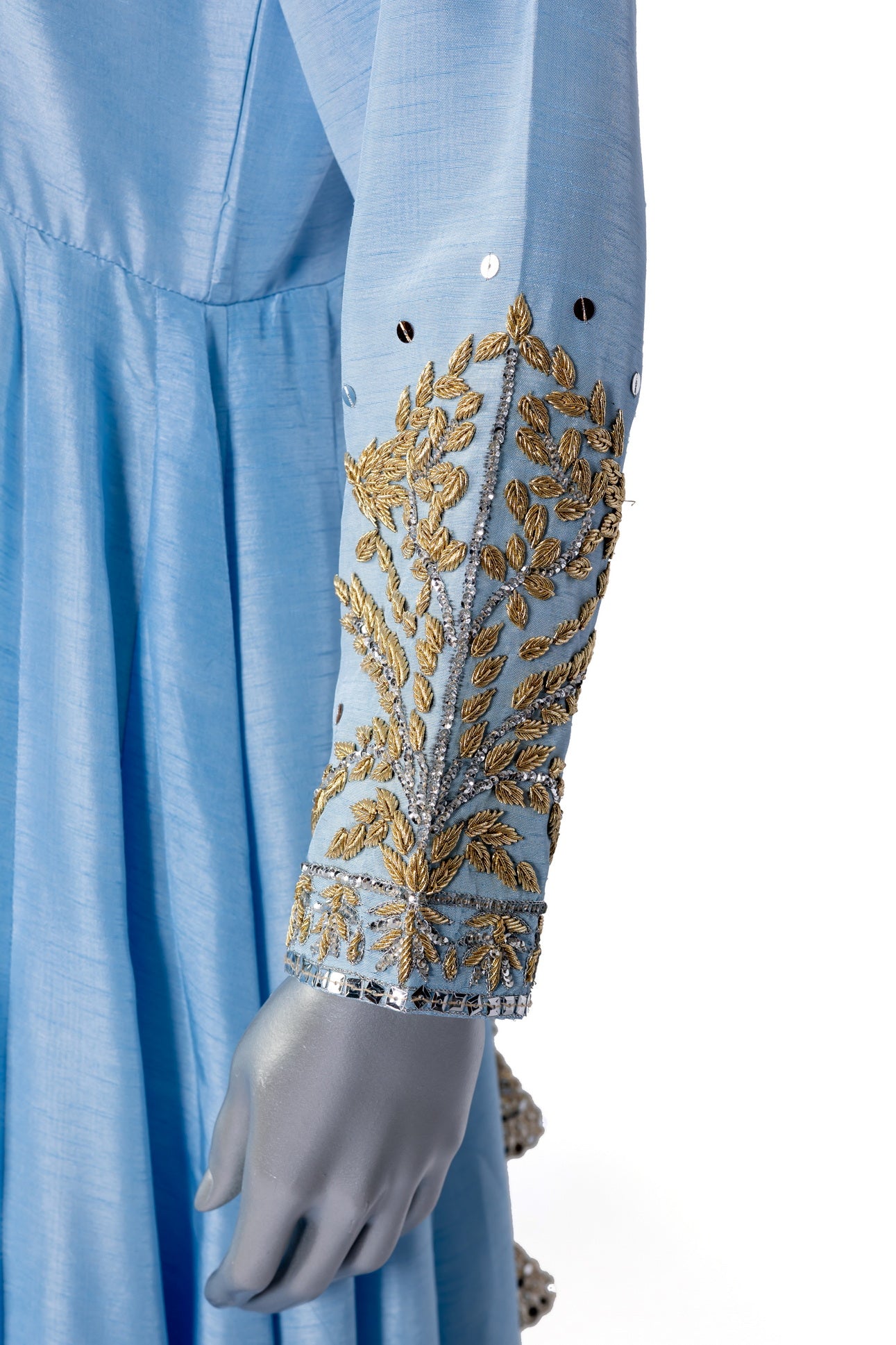 Hafsa sky blue silk Anarkali with hand embroidery, straight pants, and organza dupatta for weddings, evening parties, and formal occasions by MariamRaj