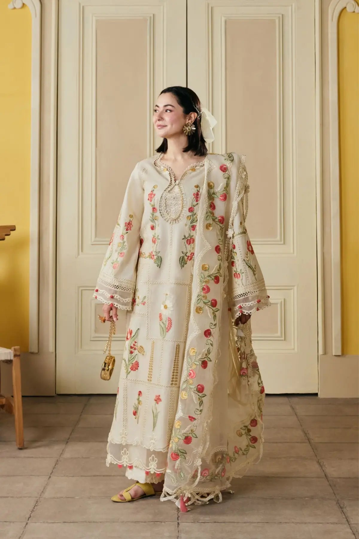 Hala Maryam Hussain Ivory Embroidered Lawn Stitched 3PC Suit with Embroidered Dupatta