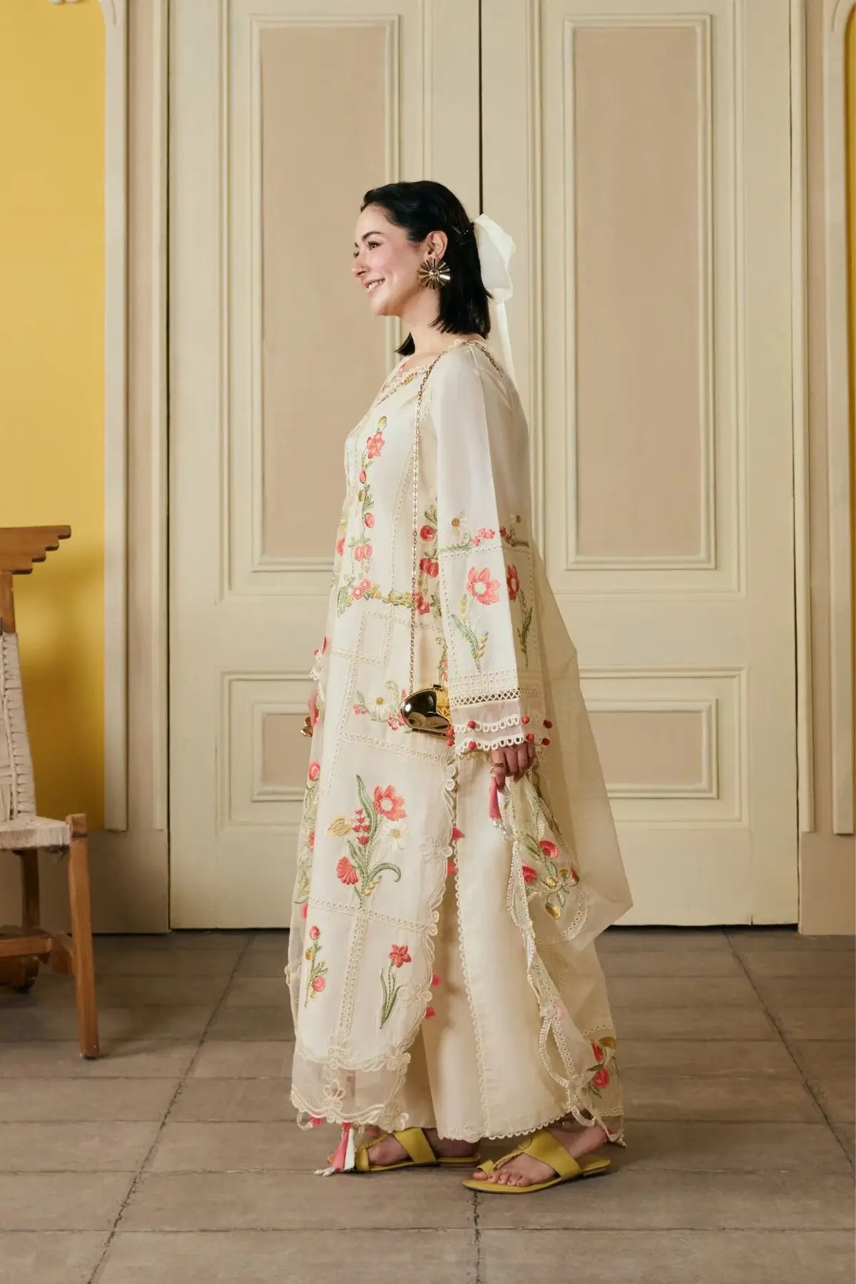 Hala Maryam Hussain Ivory Embroidered Lawn Stitched 3PC Suit with Embroidered Dupatta