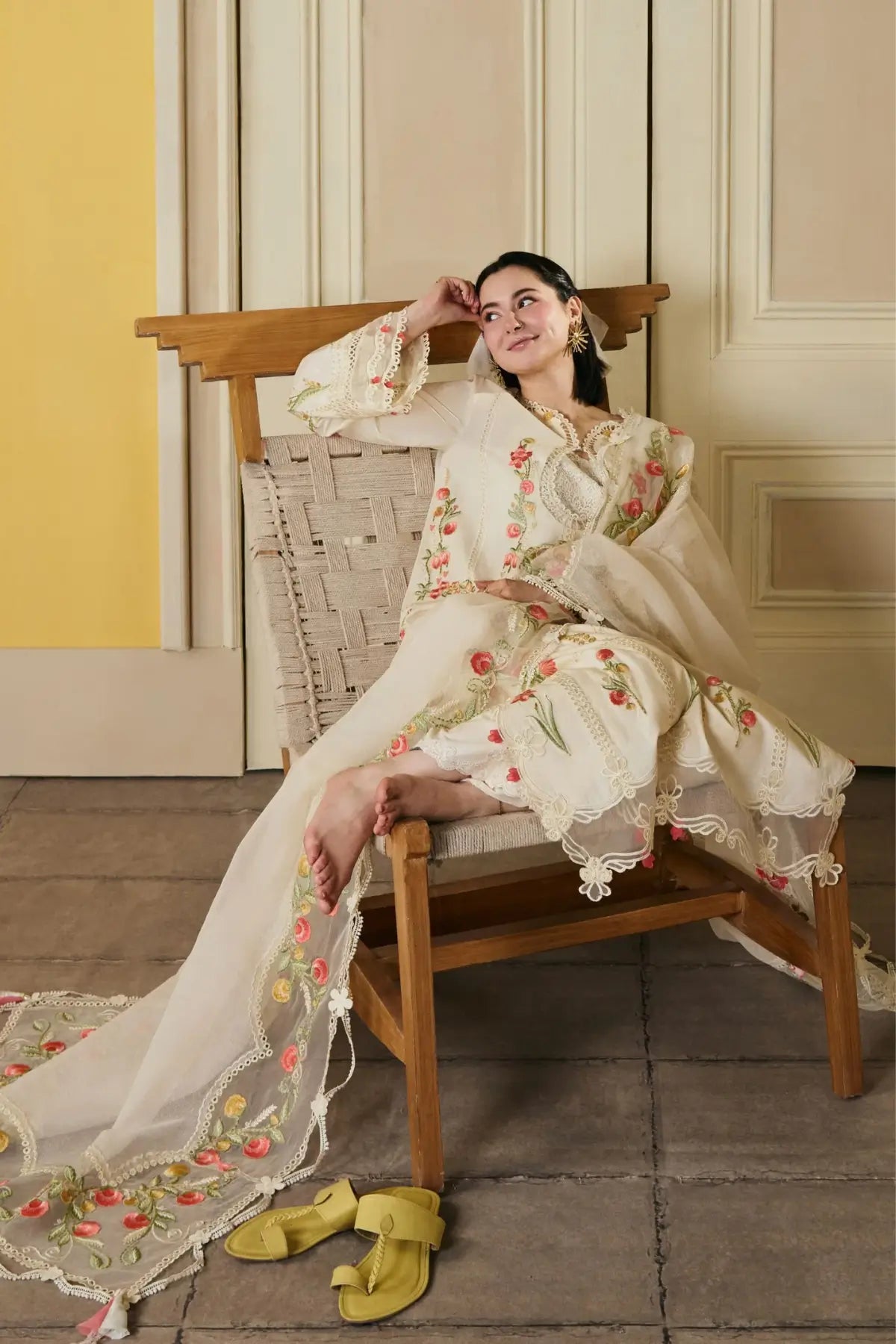 Hala Maryam Hussain Ivory Embroidered Lawn Stitched 3PC Suit with Embroidered Dupatta
