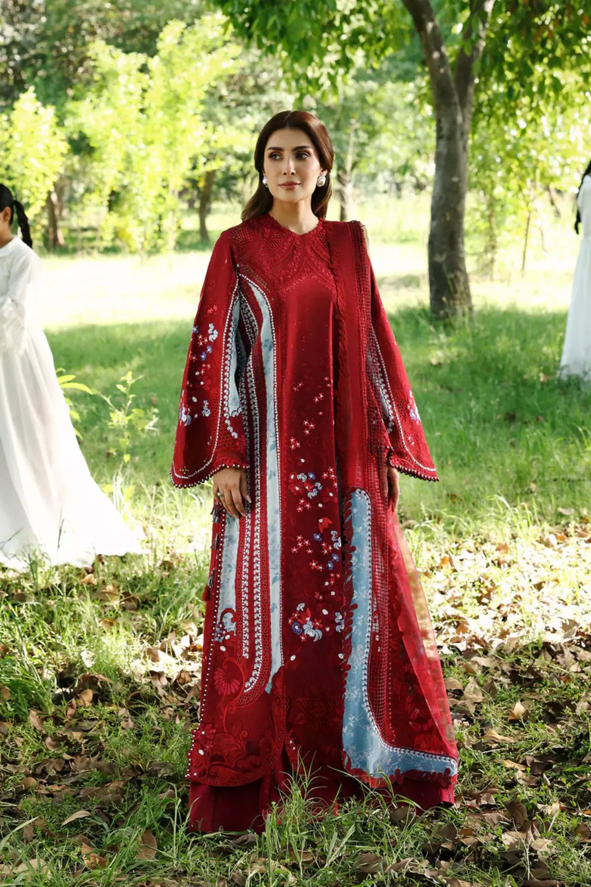 Halia red Afrozeh A Lawn 2026 stitched 3PC suit with embroidered shirt and organza dupatta