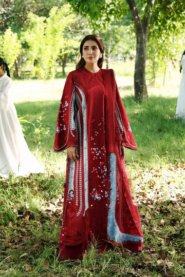 Halia red Afrozeh A Lawn 2026 stitched 3PC suit with embroidered shirt and organza dupatta