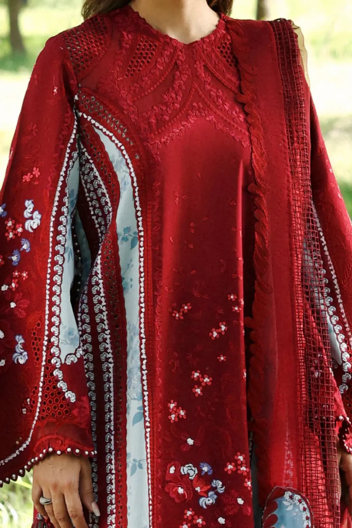 Halia red Afrozeh A Lawn 2026 stitched 3PC suit with embroidered shirt and organza dupatta