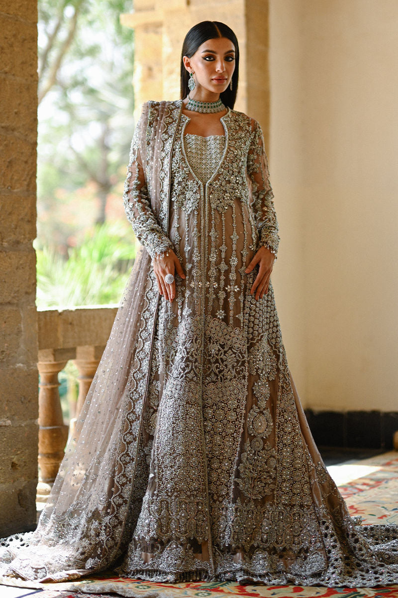 Mocha Pakistani bridal dress with front-open net jacket, silver lamé inner kalidaar, and embellished dupatta – ideal for couture brides in Canada, UK, and USA.