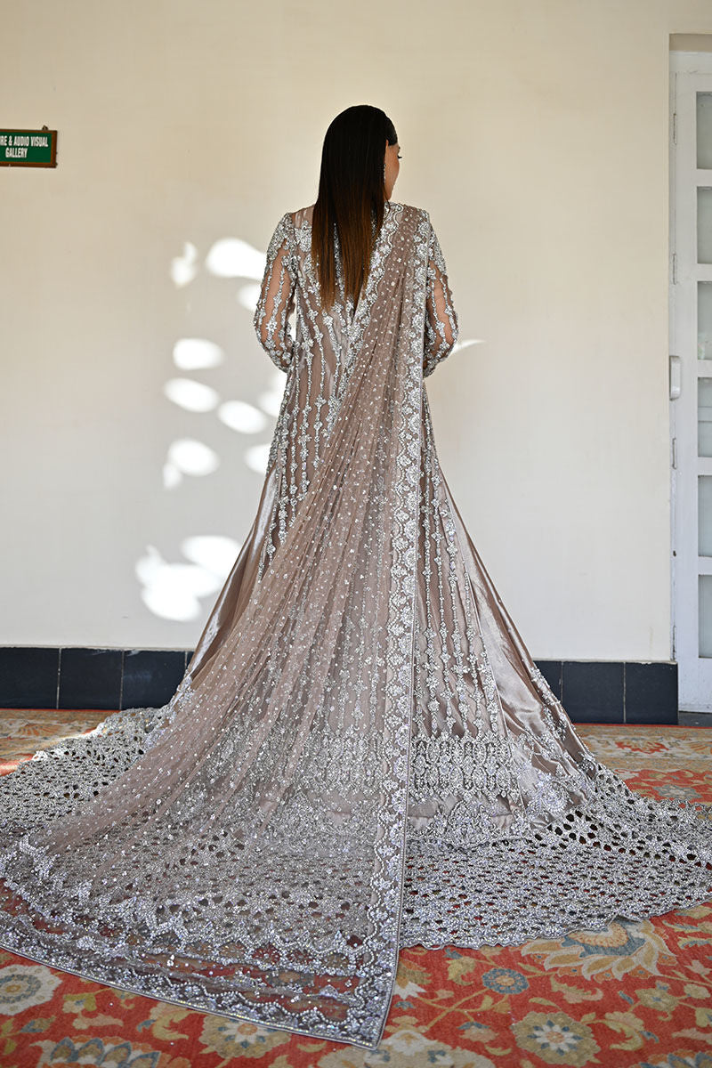 Mocha Pakistani bridal dress with front-open net jacket, silver lamé inner kalidaar, and embellished dupatta – ideal for couture brides in Canada, UK, and USA.