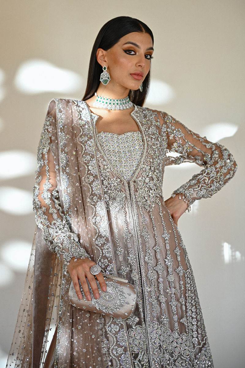 Mocha Pakistani bridal dress with front-open net jacket, silver lamé inner kalidaar, and embellished dupatta – ideal for couture brides in Canada, UK, and USA.