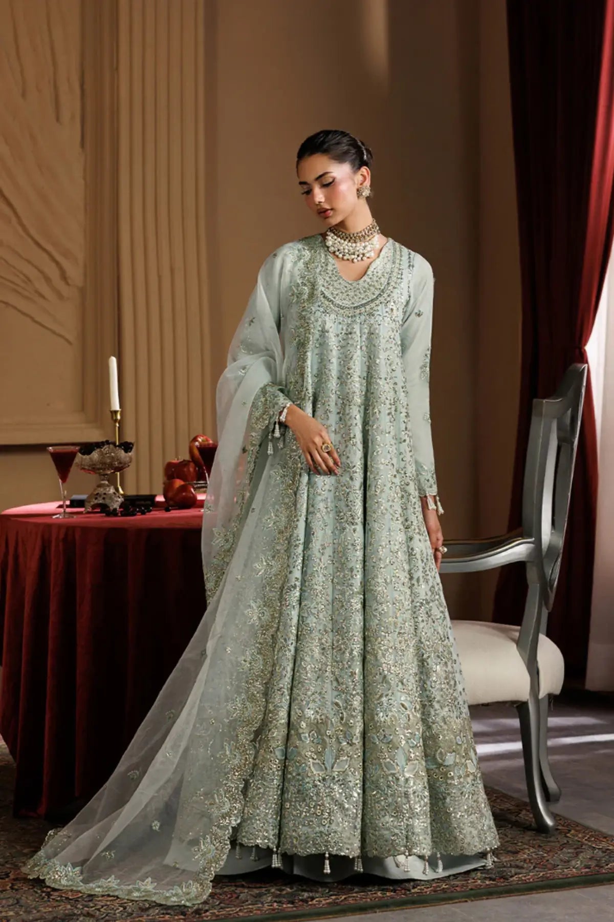 Halo by Emaan Adeel Ice Blue Embroidered Organza Pishwas Set with Embroidered Dupatta and Raw Silk Trouser