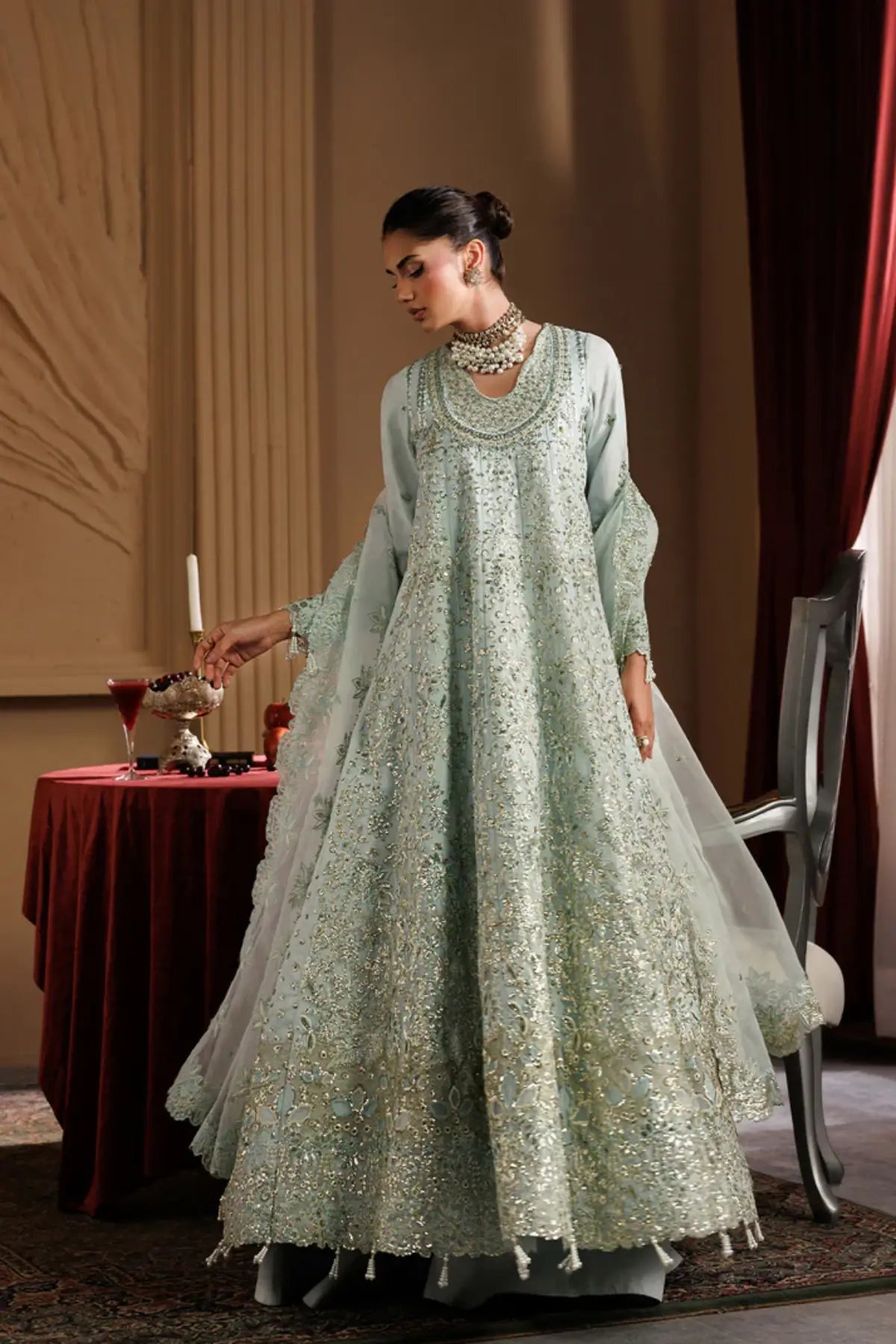 Halo by Emaan Adeel Ice Blue Embroidered Organza Pishwas Set with Embroidered Dupatta and Raw Silk Trouser