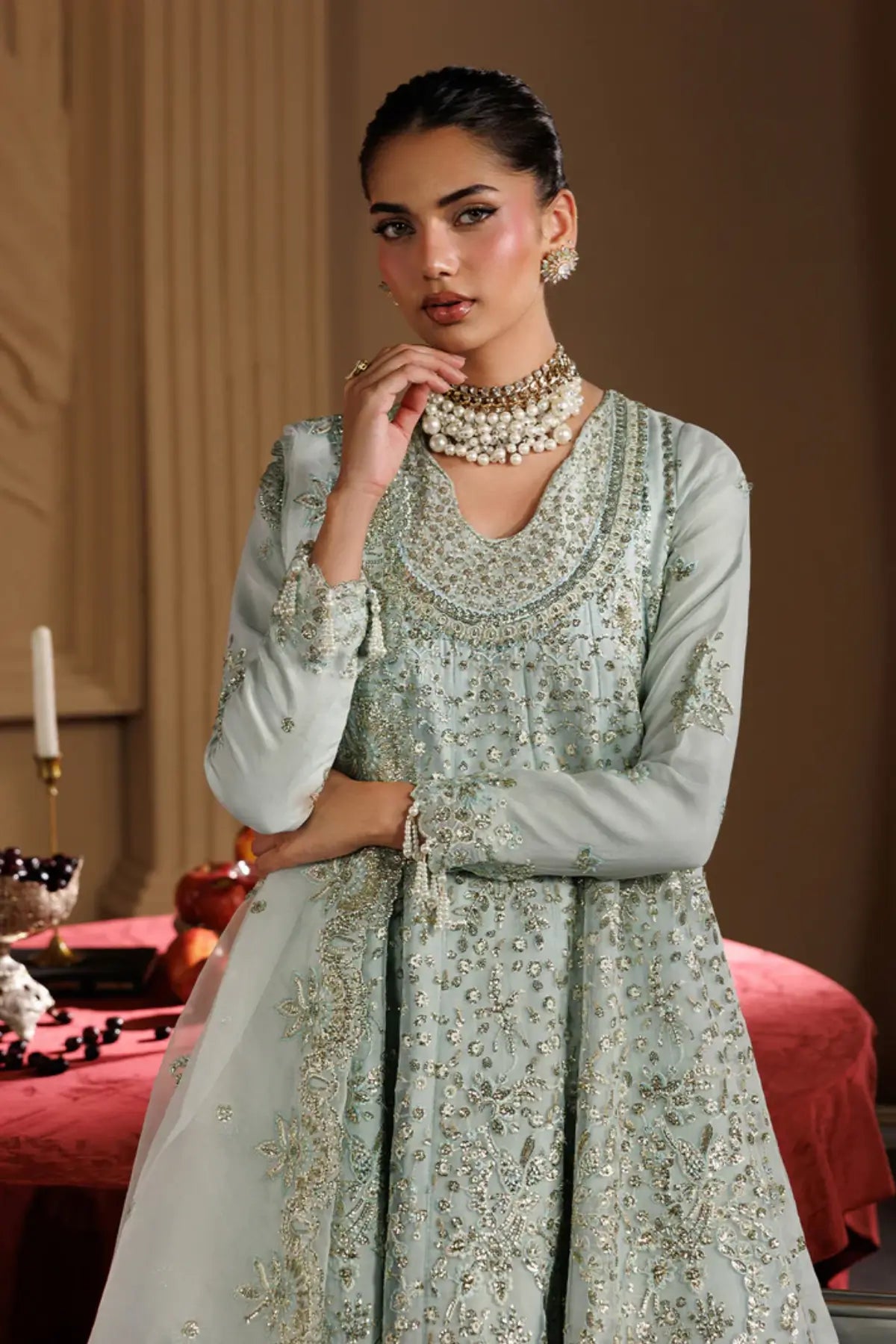 Halo by Emaan Adeel Ice Blue Embroidered Organza Pishwas Set with Embroidered Dupatta and Raw Silk Trouser