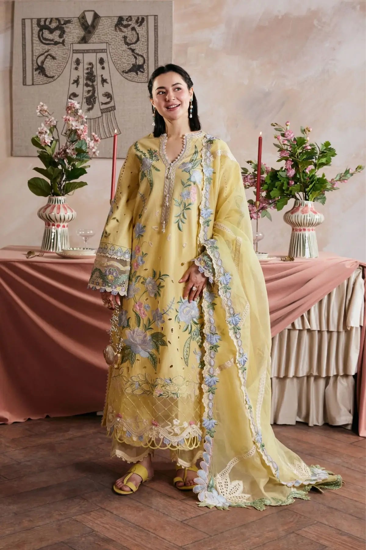 Hamna Maryam Hussain Mustard Yellow Lawn Embroidered 3PC Suit with Cotton Net Dupatta
