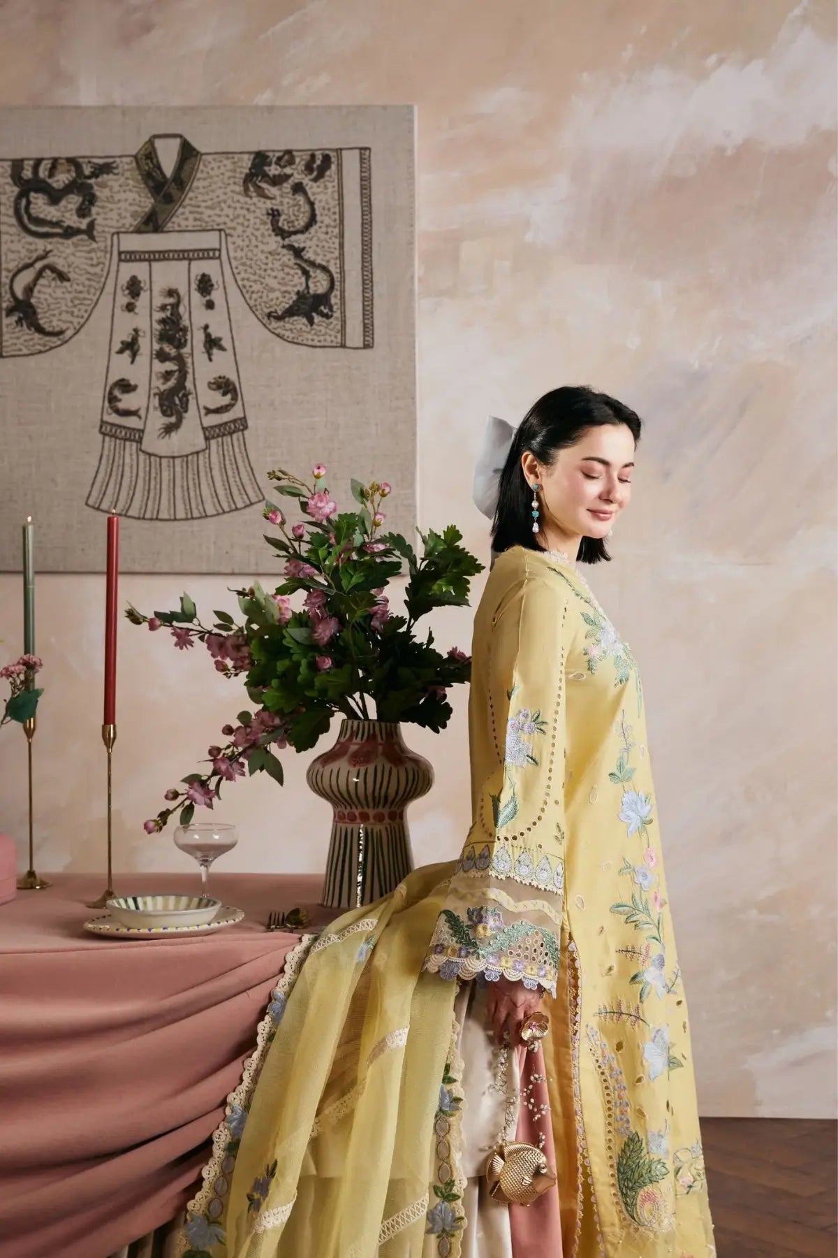 Hamna Maryam Hussain Mustard Yellow Lawn Embroidered 3PC Suit with Cotton Net Dupatta