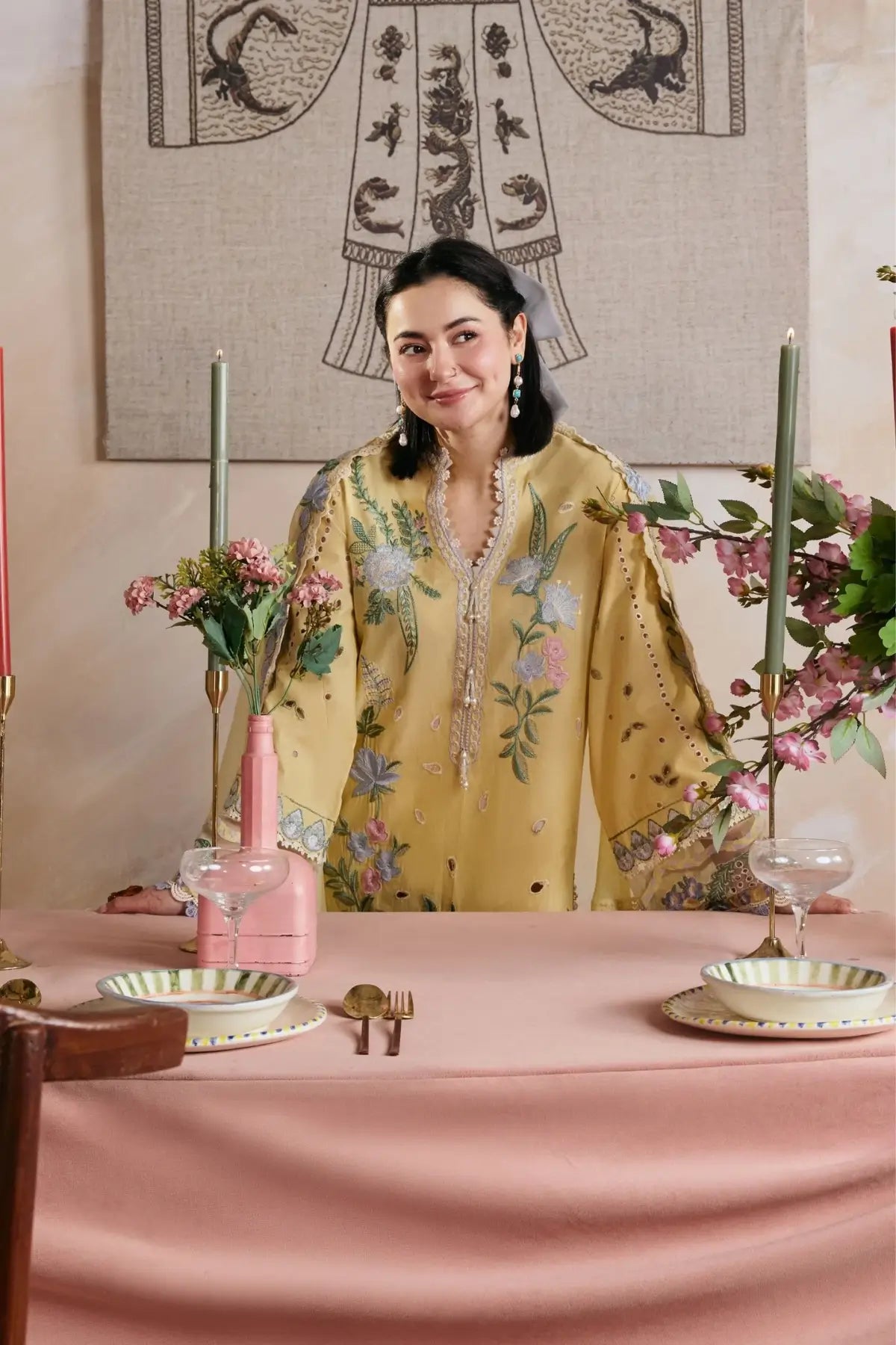 Hamna Maryam Hussain Mustard Yellow Lawn Embroidered 3PC Suit with Cotton Net Dupatta