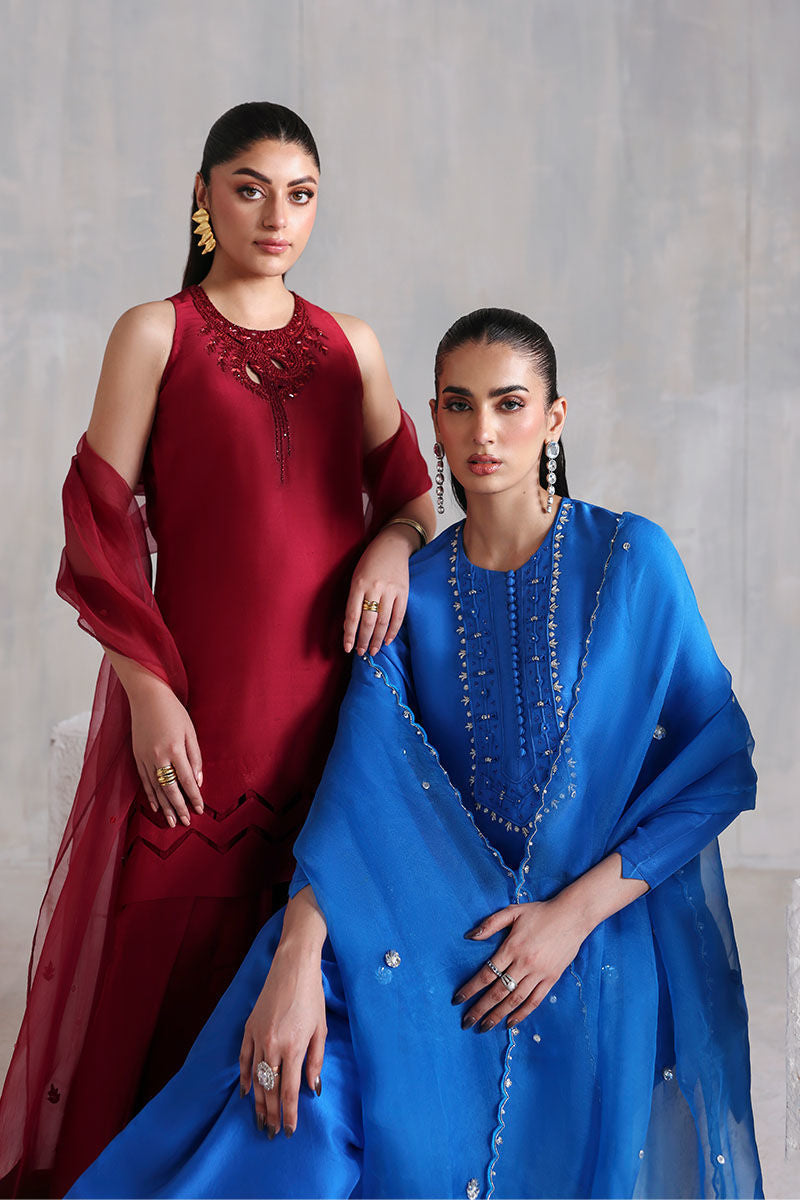 Maroon Pakistani raw silk short shirt and trouser set with organza dupatta – perfect for Eid and formal events in USA, UK, and Canada.