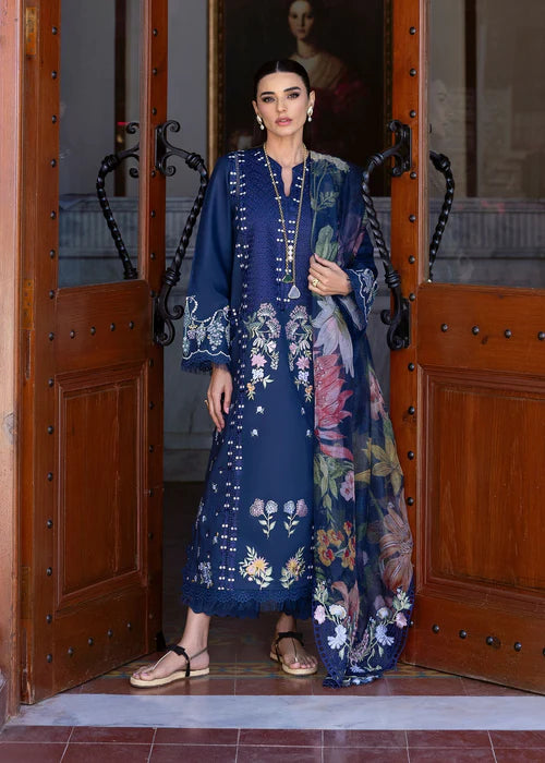 Hanging Gardens 2-B – Midnight Blue Embroidered Lawn Suit with Botanical Cotton Net Dupatta by Saira Shakira