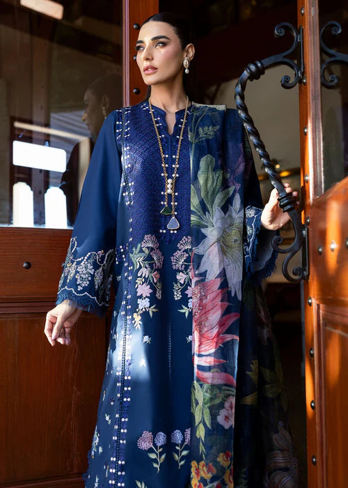 Hanging Gardens 2-B – Midnight Blue Embroidered Lawn Suit with Botanical Cotton Net Dupatta by Saira Shakira