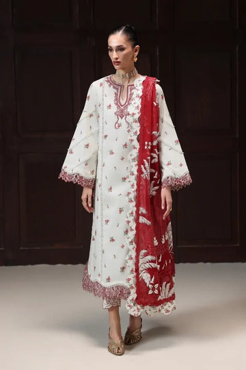 Hania QQP-02(B) by Qalamkar ivory printed lawn stitched 3PC suit with embroidered neckline, printed chiffon dupatta, and embroidered lace detailing.