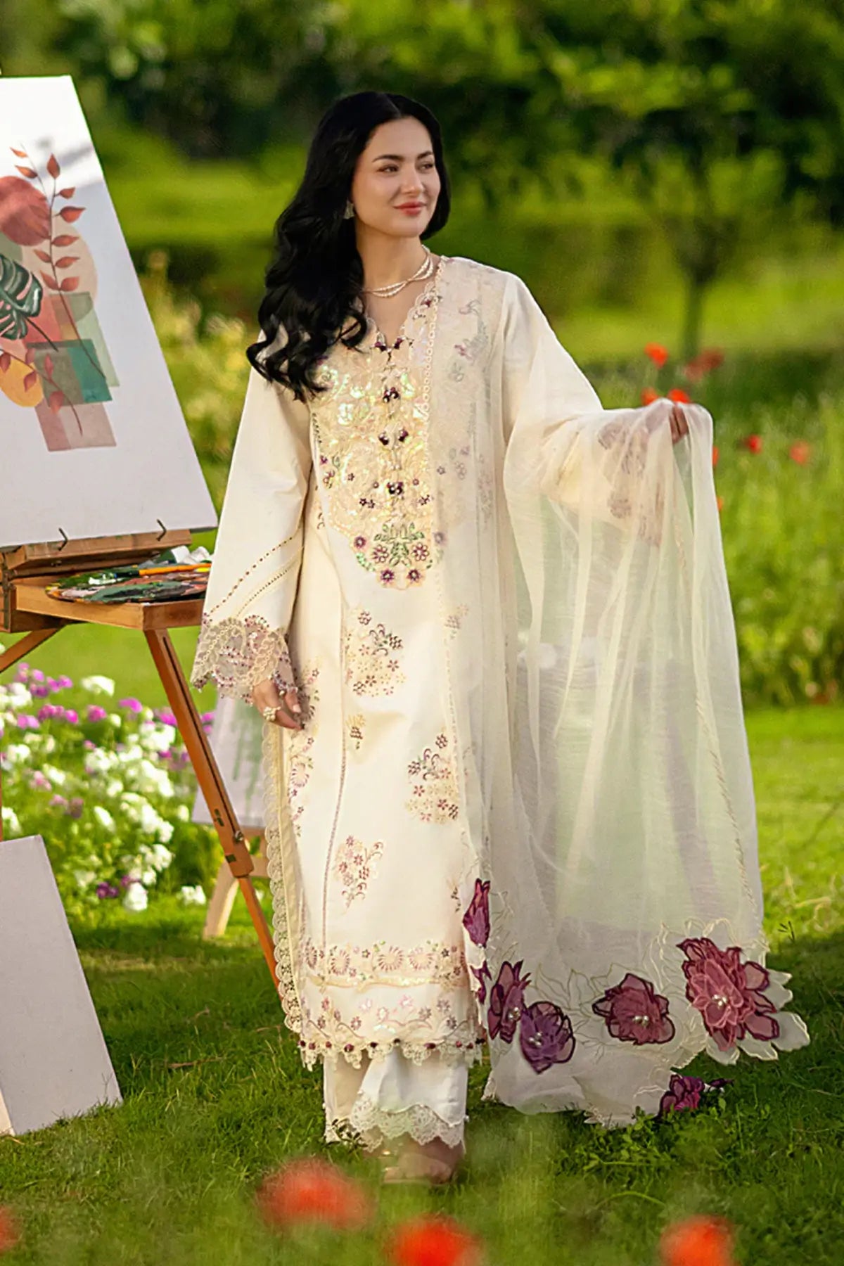 Hania pearl stitched lawn 3PC Eid classic suit with embroidered shirt and dupatta Rang Rasiya