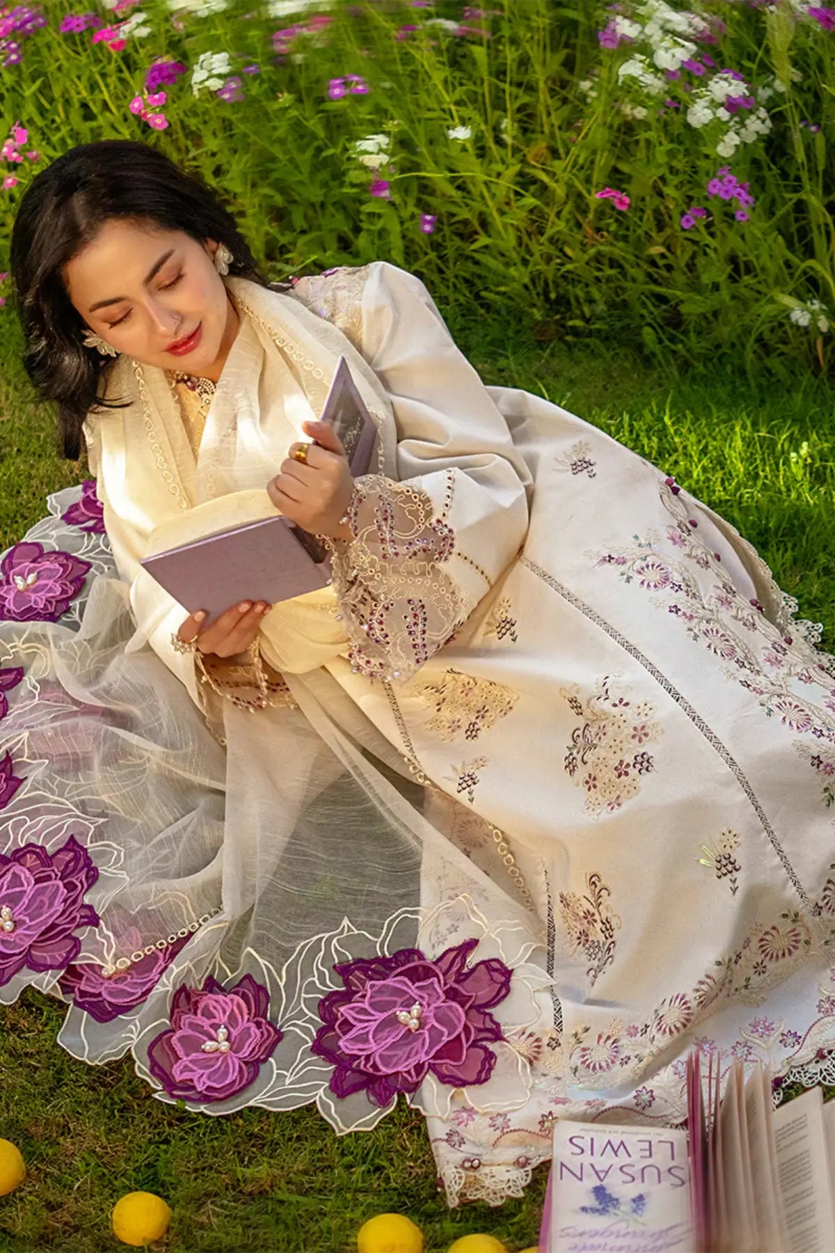 Hania pearl stitched lawn 3PC Eid classic suit with embroidered shirt and dupatta Rang Rasiya