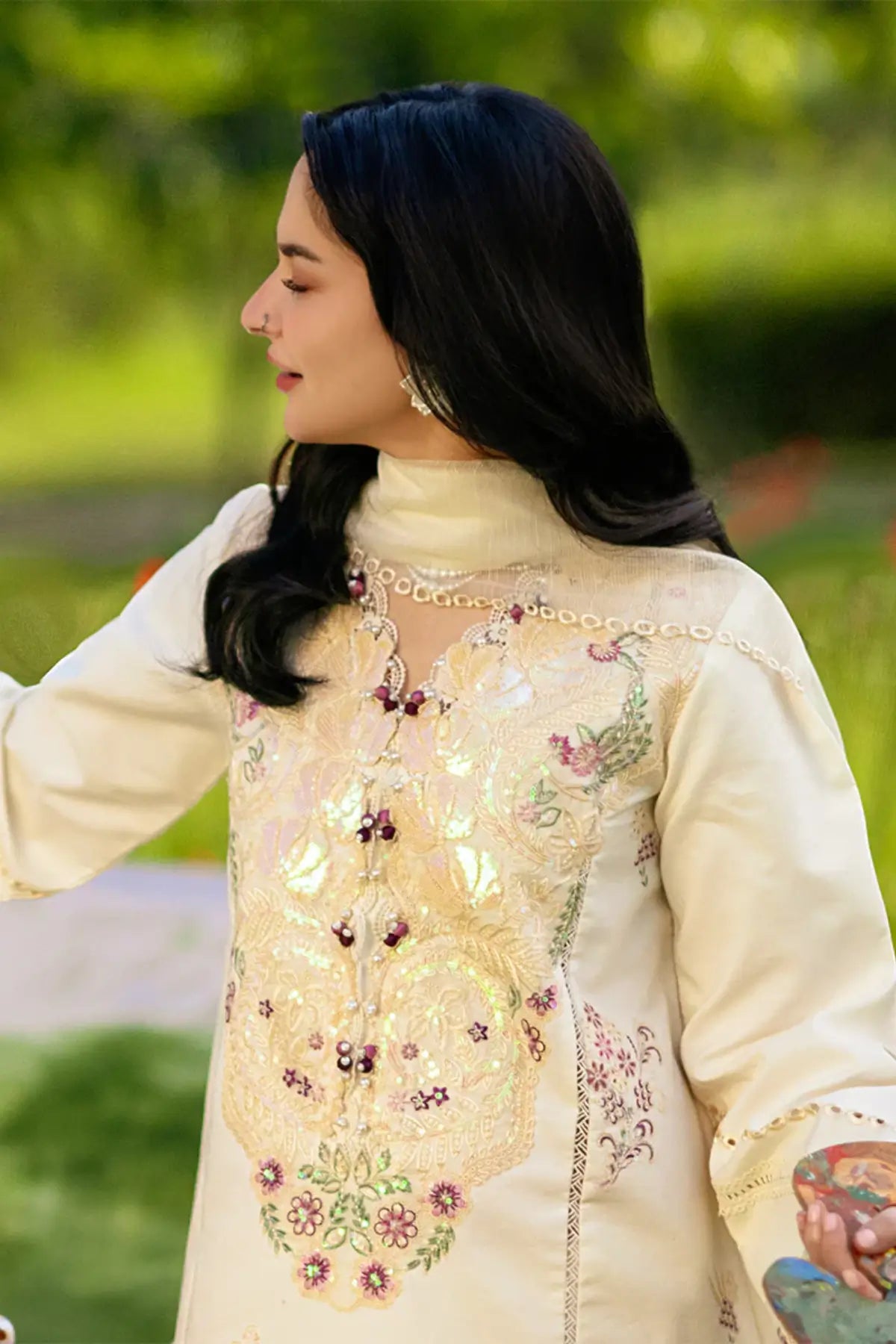 Hania pearl stitched lawn 3PC Eid classic suit with embroidered shirt and dupatta Rang Rasiya