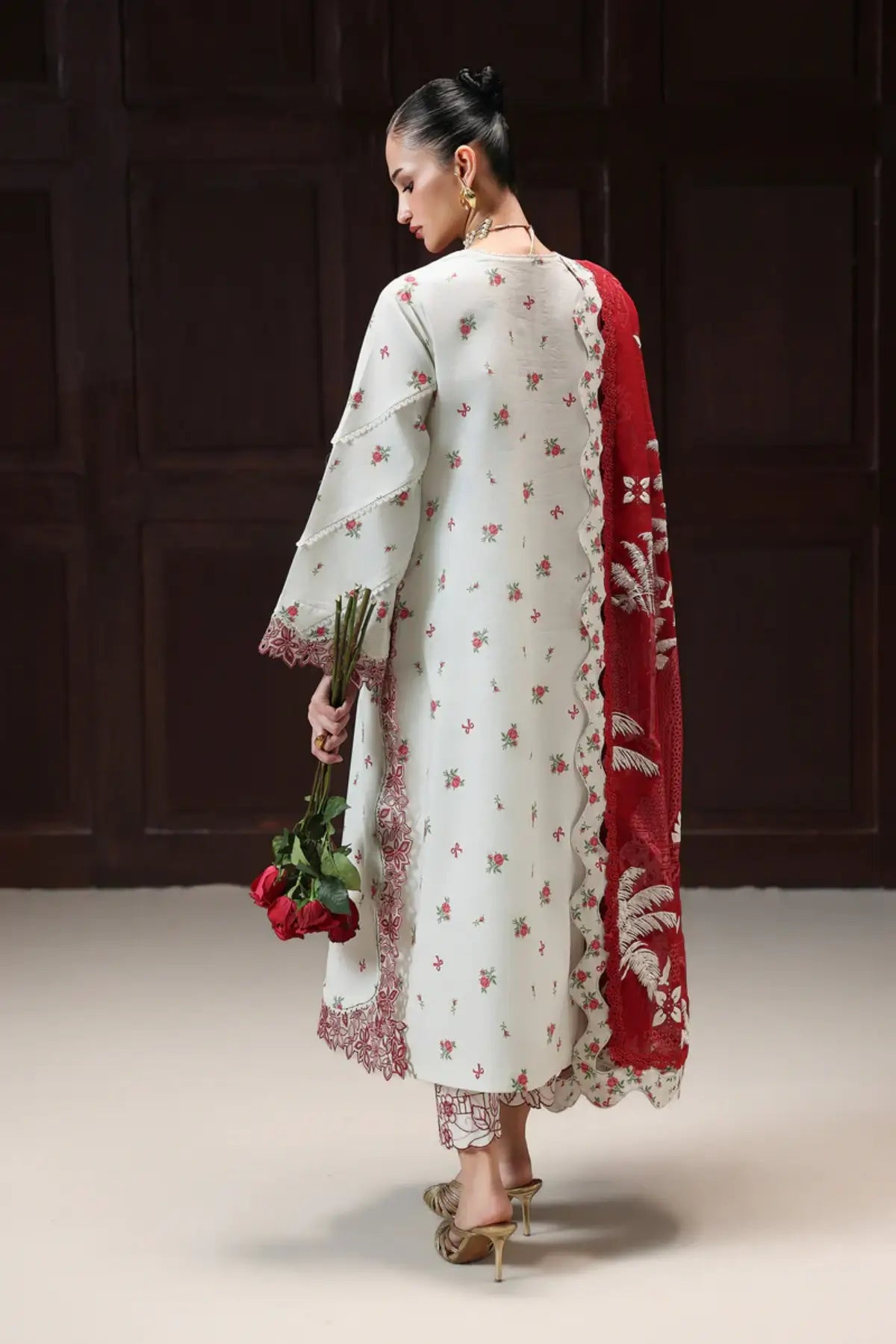 Hania QQP-02(B) by Qalamkar ivory printed lawn stitched 3PC suit with embroidered neckline, printed chiffon dupatta, and embroidered lace detailing.
