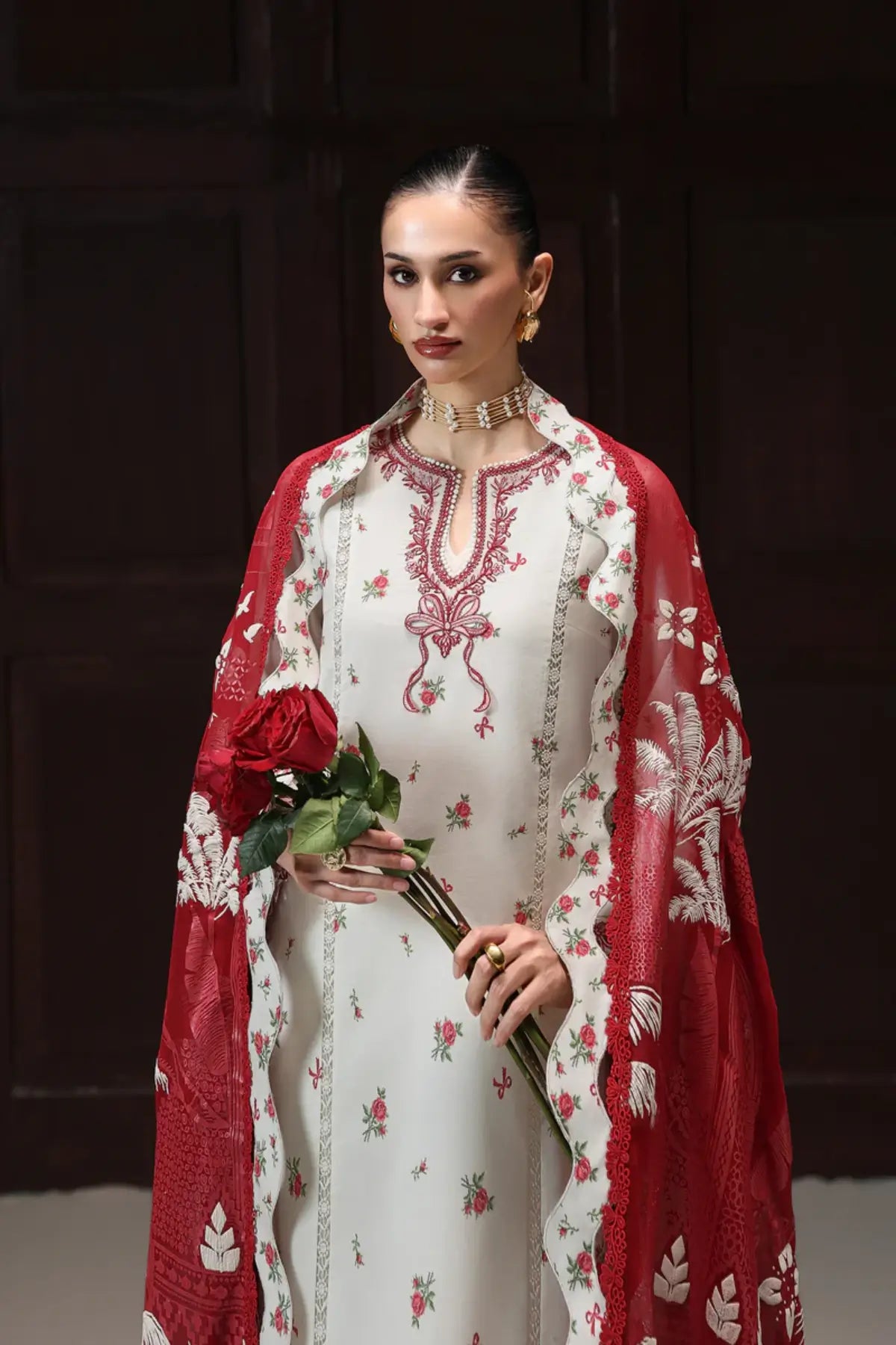 Hania QQP-02(B) by Qalamkar ivory printed lawn stitched 3PC suit with embroidered neckline, printed chiffon dupatta, and embroidered lace detailing.