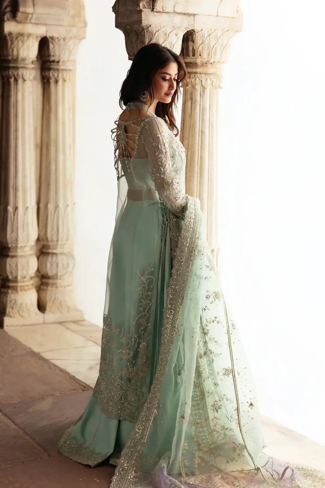 Hareem Aqua Blue Organza Stitched Formal Suit with Flared Pants – Kanwal Malik Maahi Festive 26