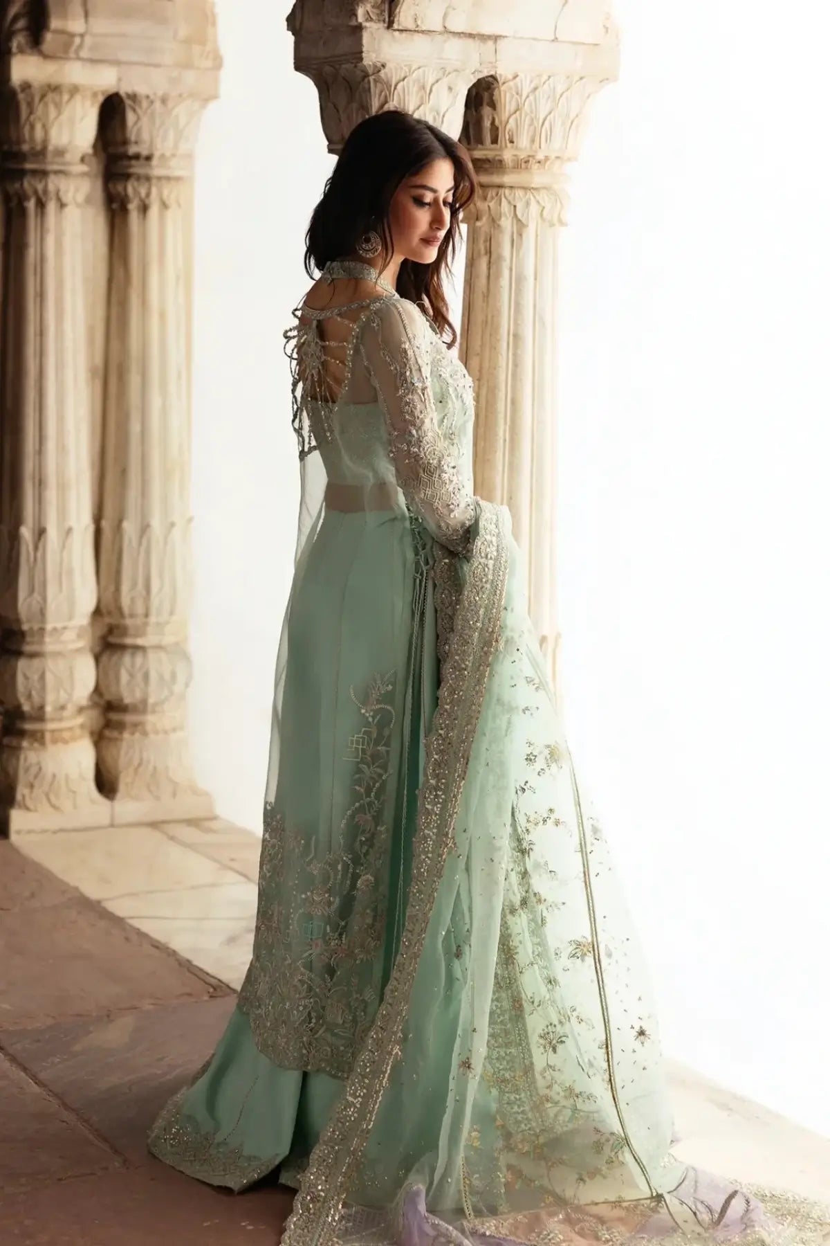 Hareem Aqua Blue Organza Stitched Formal Suit with Flared Pants – Kanwal Malik Maahi Festive 26