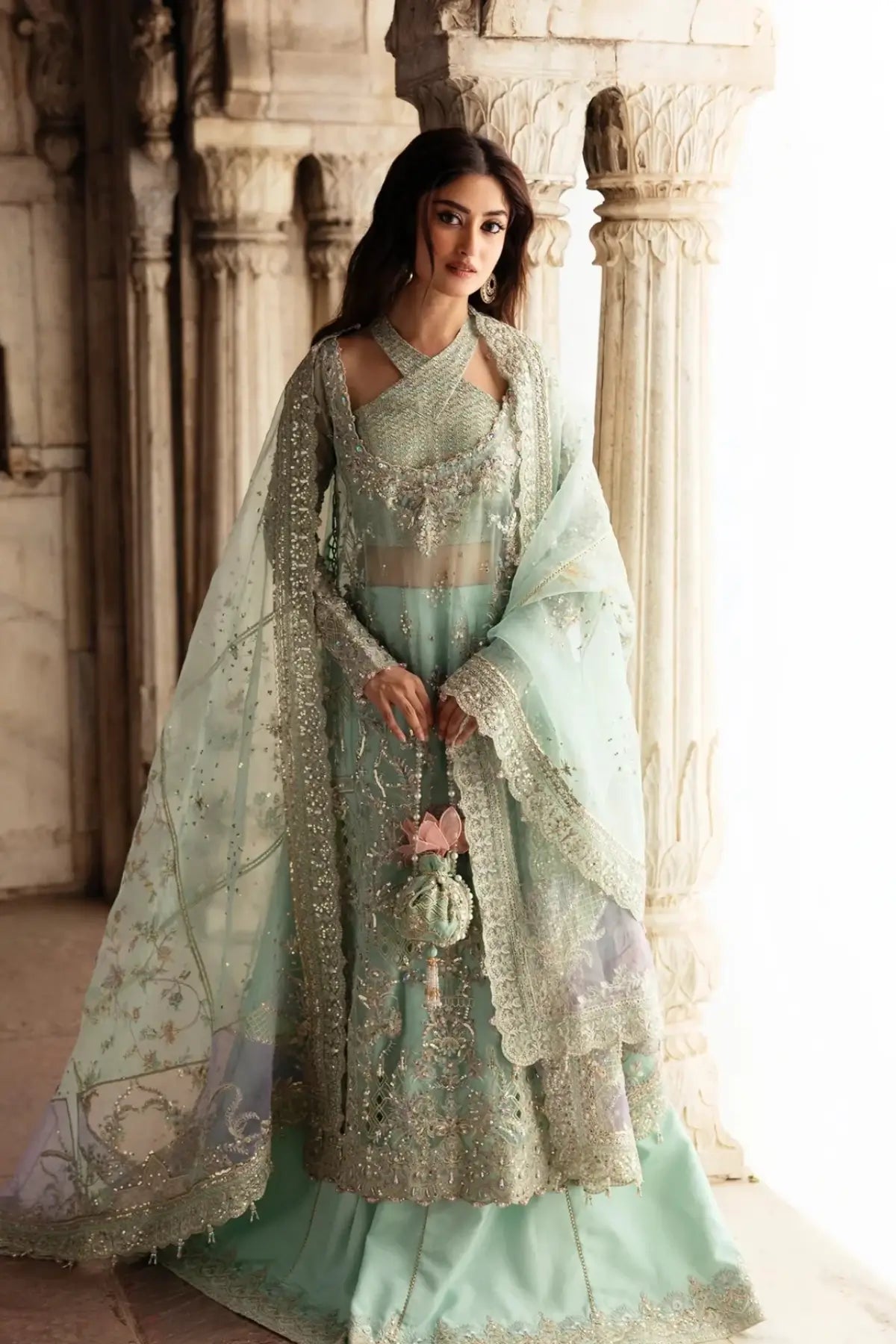 Hareem Aqua Blue Organza Stitched Formal Suit with Flared Pants – Kanwal Malik Maahi Festive 26