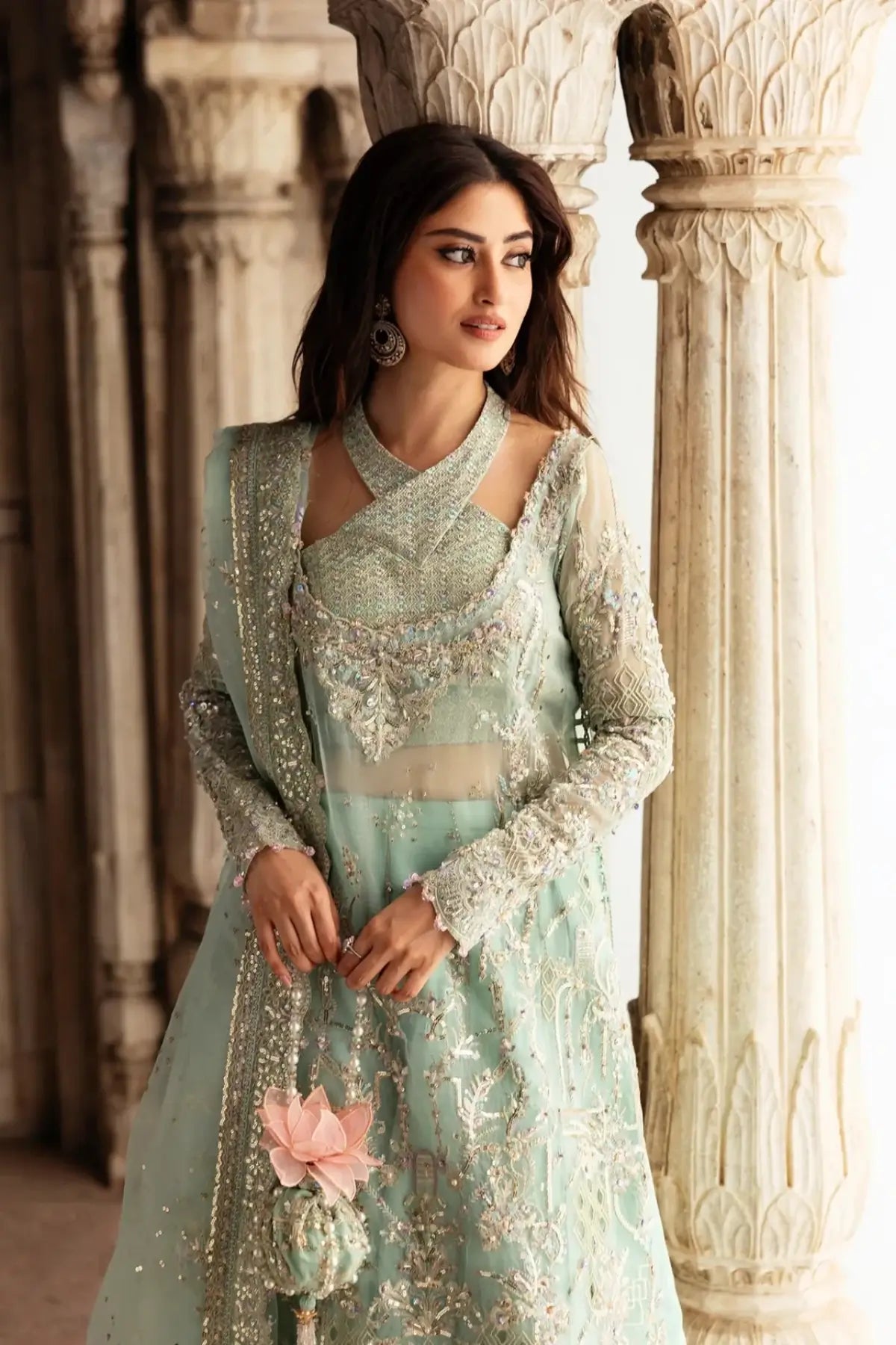 Hareem Aqua Blue Organza Stitched Formal Suit with Flared Pants – Kanwal Malik Maahi Festive 26