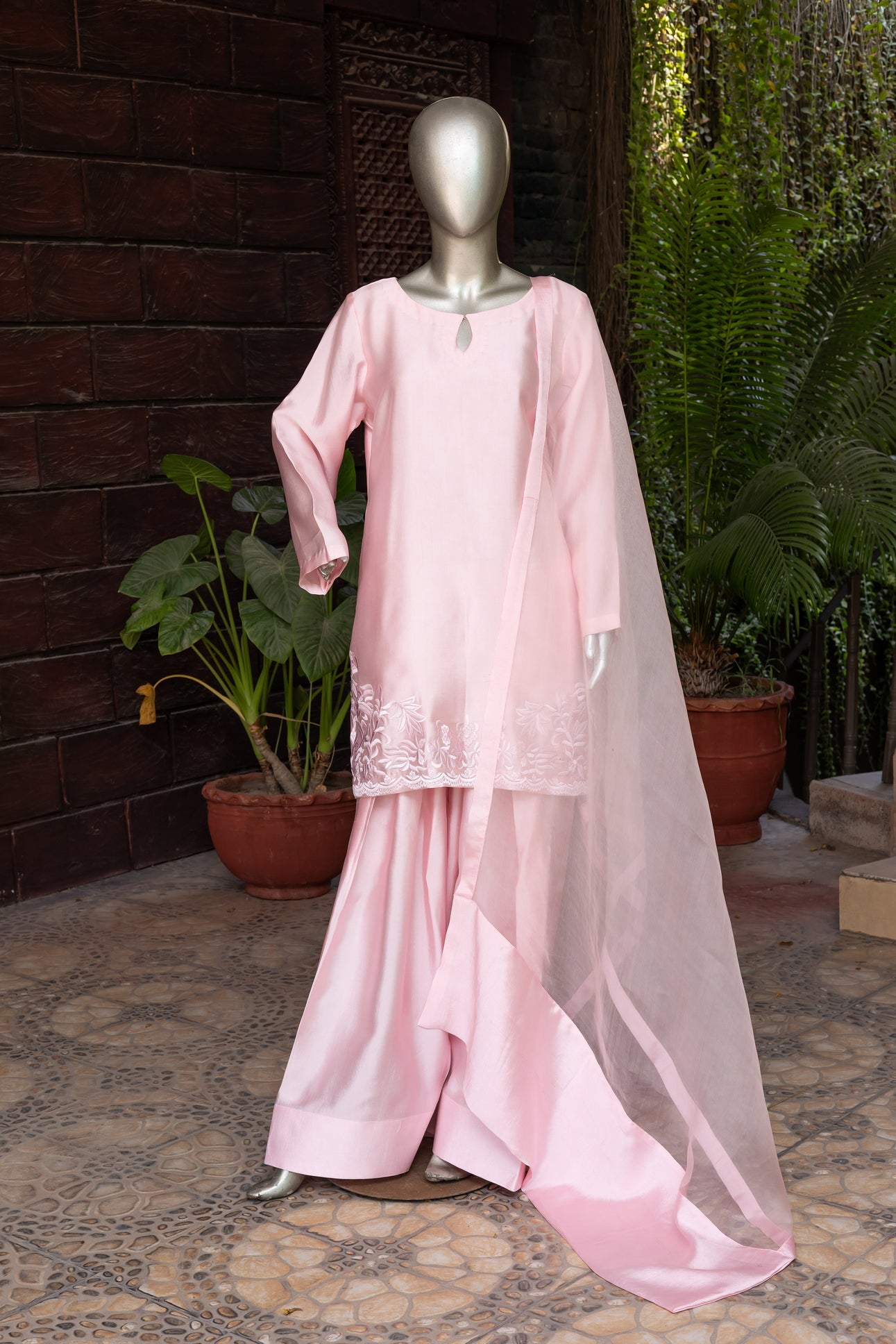 Haya - Elegant Powder Pink Sheesha Silk Suit with Embroidery and Dupatta
