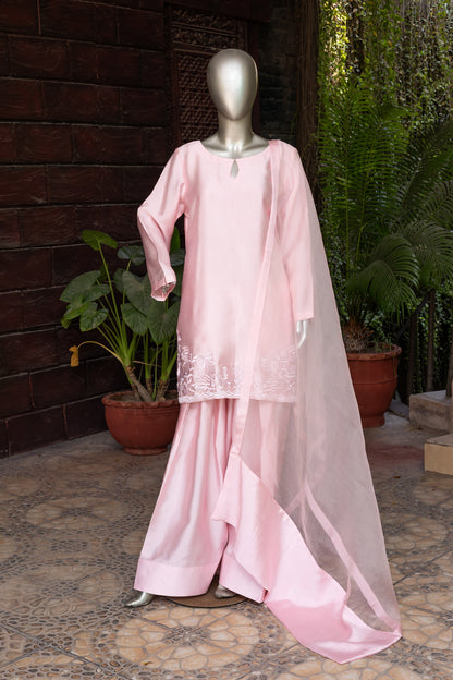 Haya - Elegant Powder Pink Sheesha Silk Suit with Embroidery and Dupatta