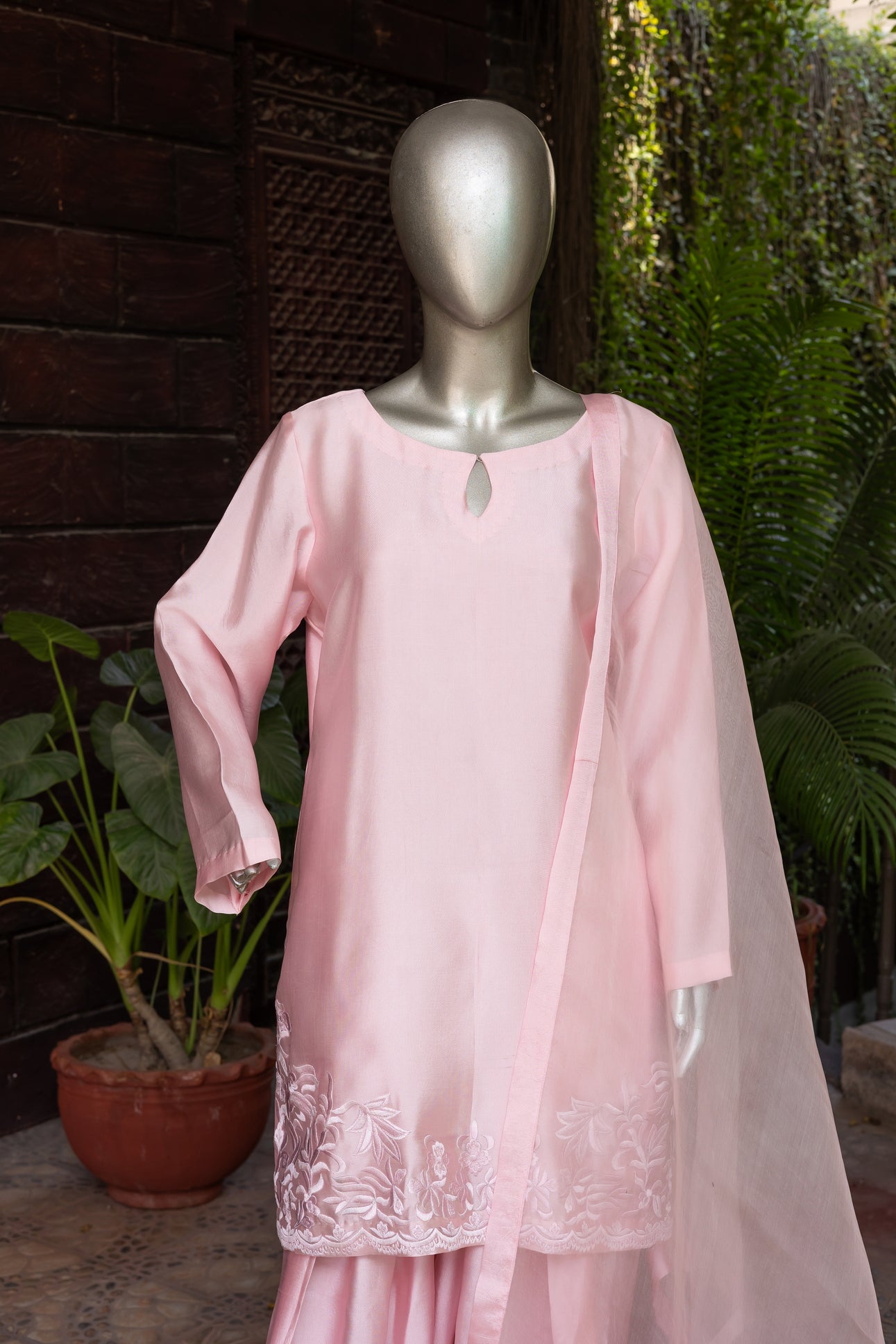Haya - Elegant Powder Pink Sheesha Silk Suit with Embroidery and Dupatta