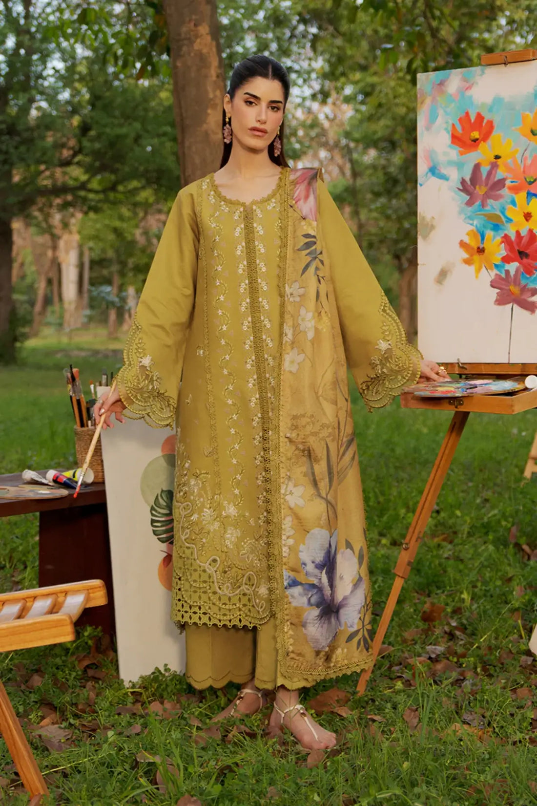 Olive Haya stitched lawn embroidered 3PC suit with dupatta Eid wear Rang Rasiya