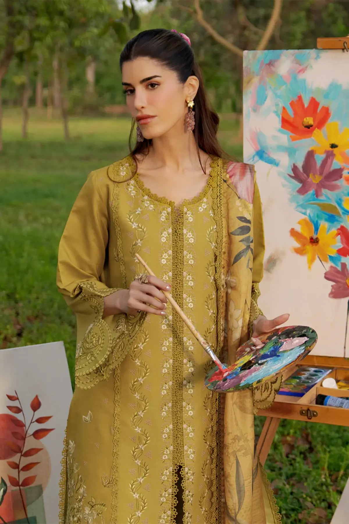 Olive Haya stitched lawn embroidered 3PC suit with dupatta Eid wear Rang Rasiya