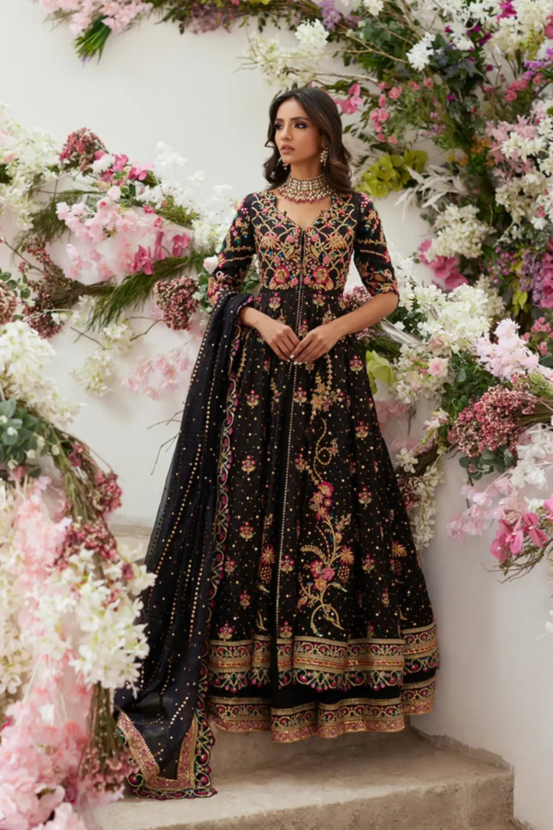 Hayya Black Multicolor Embroidered Pakistani Formal Pishwas with Cotton Silk Lehenga, Floral Embroidery and Cotton Net Dupatta