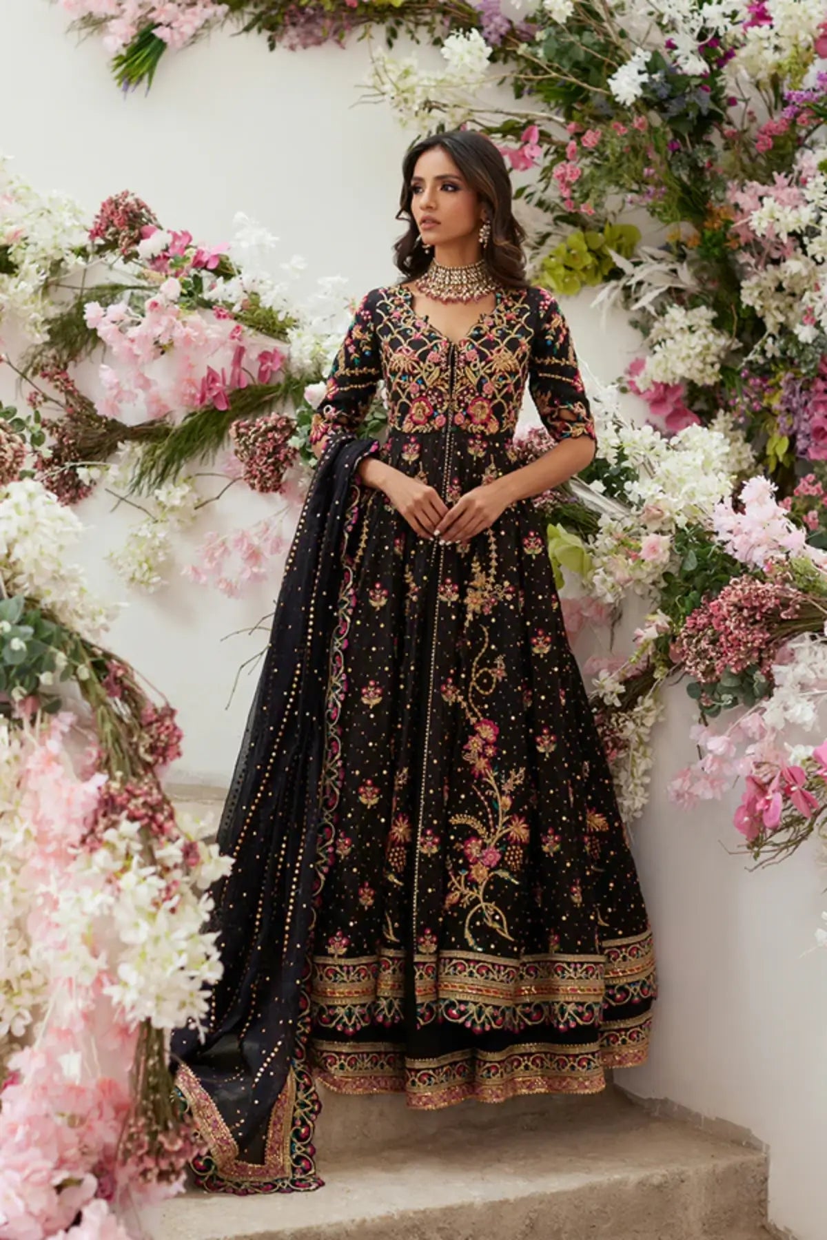 Hayya Black Multicolor Embroidered Pakistani Formal Pishwas with Cotton Silk Lehenga, Floral Embroidery and Cotton Net Dupatta