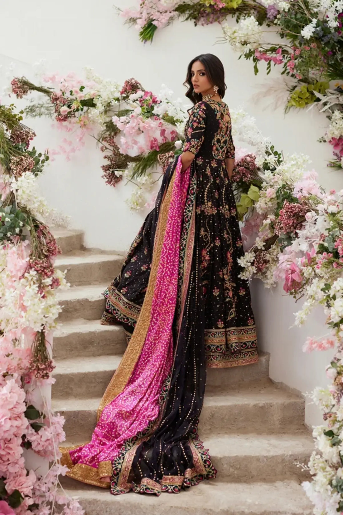 Hayya Black Multicolor Embroidered Pakistani Formal Pishwas with Cotton Silk Lehenga, Floral Embroidery and Cotton Net Dupatta