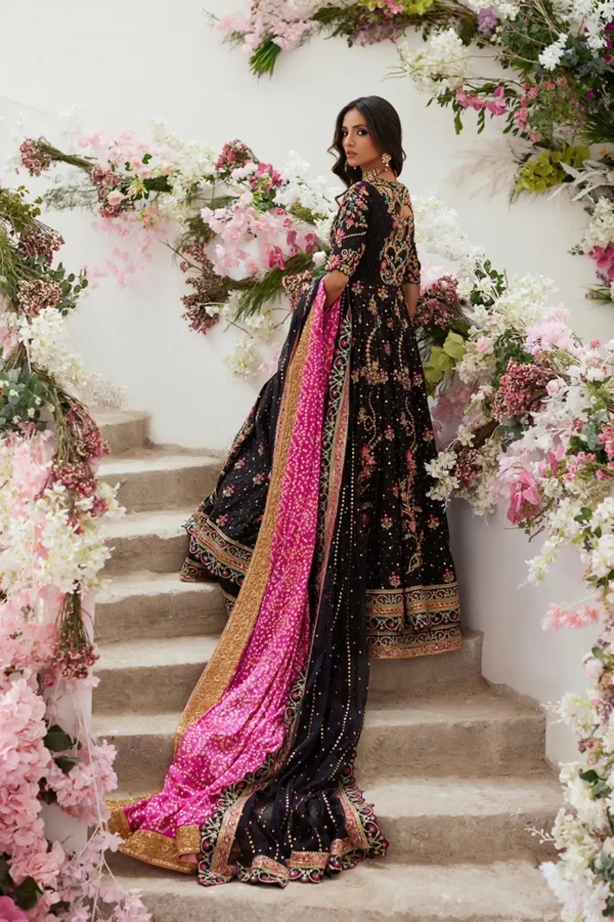Hayya Black Multicolor Embroidered Pakistani Formal Pishwas with Cotton Silk Lehenga, Floral Embroidery and Cotton Net Dupatta