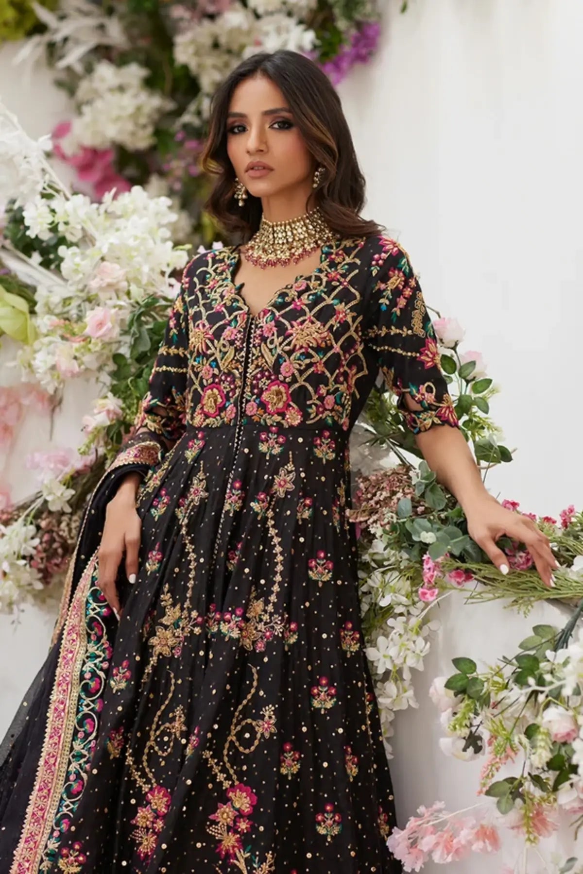 Hayya Black Multicolor Embroidered Pakistani Formal Pishwas with Cotton Silk Lehenga, Floral Embroidery and Cotton Net Dupatta