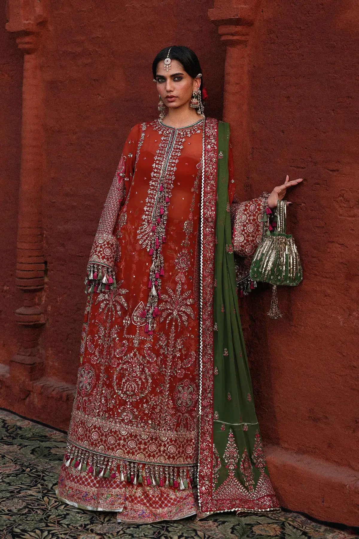 Pakistanimoda Hemali Hussain Rehar rust stitched chiffon shirt raw silk sharara 3PC chiffon dupatta worldwide delivery