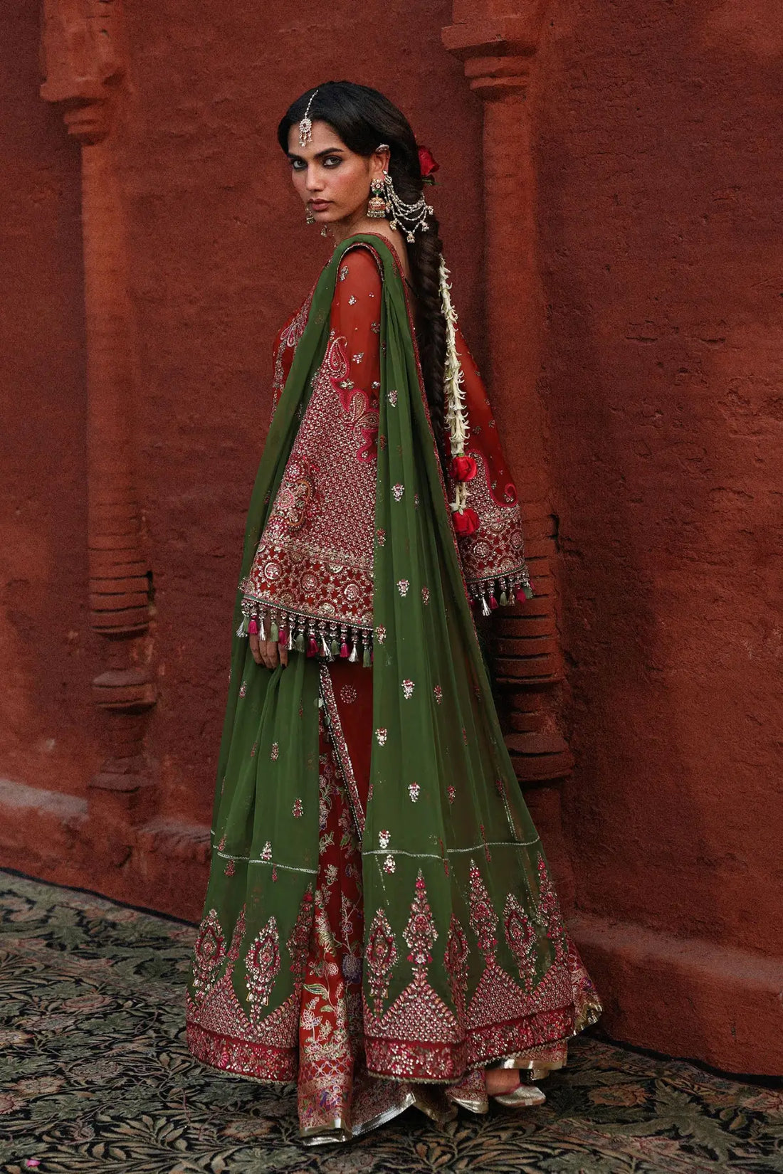 Pakistanimoda Hemali Hussain Rehar rust stitched chiffon shirt raw silk sharara 3PC chiffon dupatta worldwide delivery