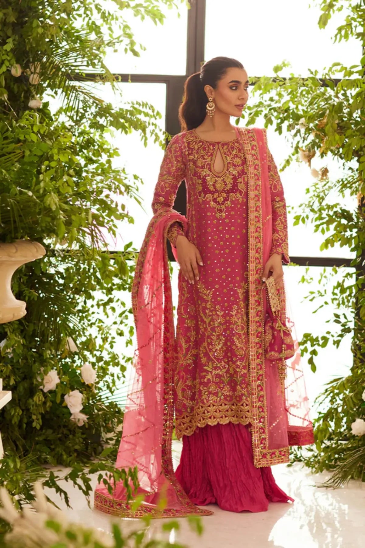 Henna Pink & Gold Hand Embellished Silk Net Formal Shirt with Silk Pants, Net Dupatta and Matching Pouch