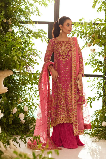 Henna Pink & Gold Hand Embellished Silk Net Formal Shirt with Silk Pants, Net Dupatta and Matching Pouch