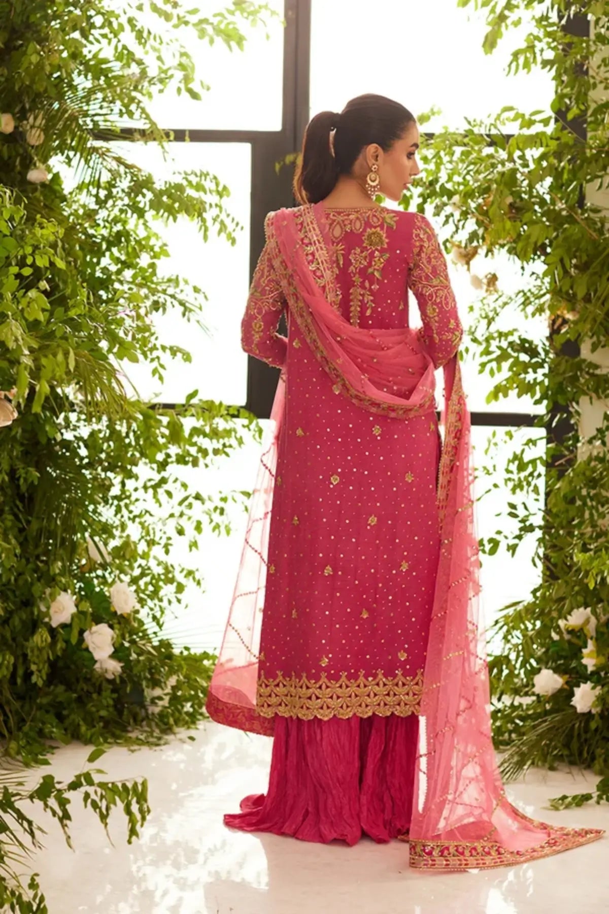 Henna Pink & Gold Hand Embellished Silk Net Formal Shirt with Silk Pants, Net Dupatta and Matching Pouch