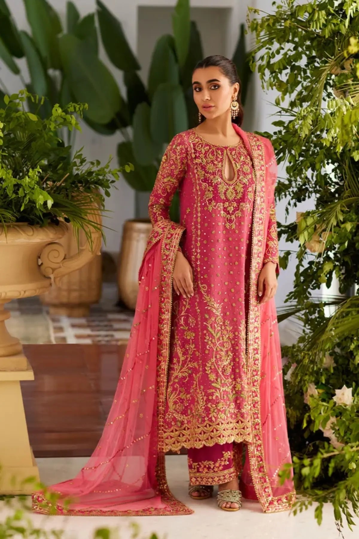 Henna Pink & Gold Hand Embellished Silk Net Formal Shirt with Silk Pants, Net Dupatta and Matching Pouch