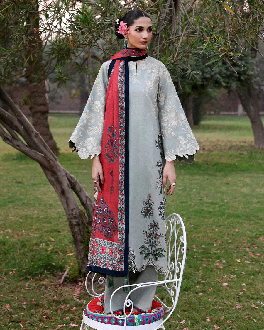 Stitched Jugnu Lahore Heran Light Grey Khaddar 3pc with floral embroidery and wool shawl, available worldwide at Pakistanimoda.